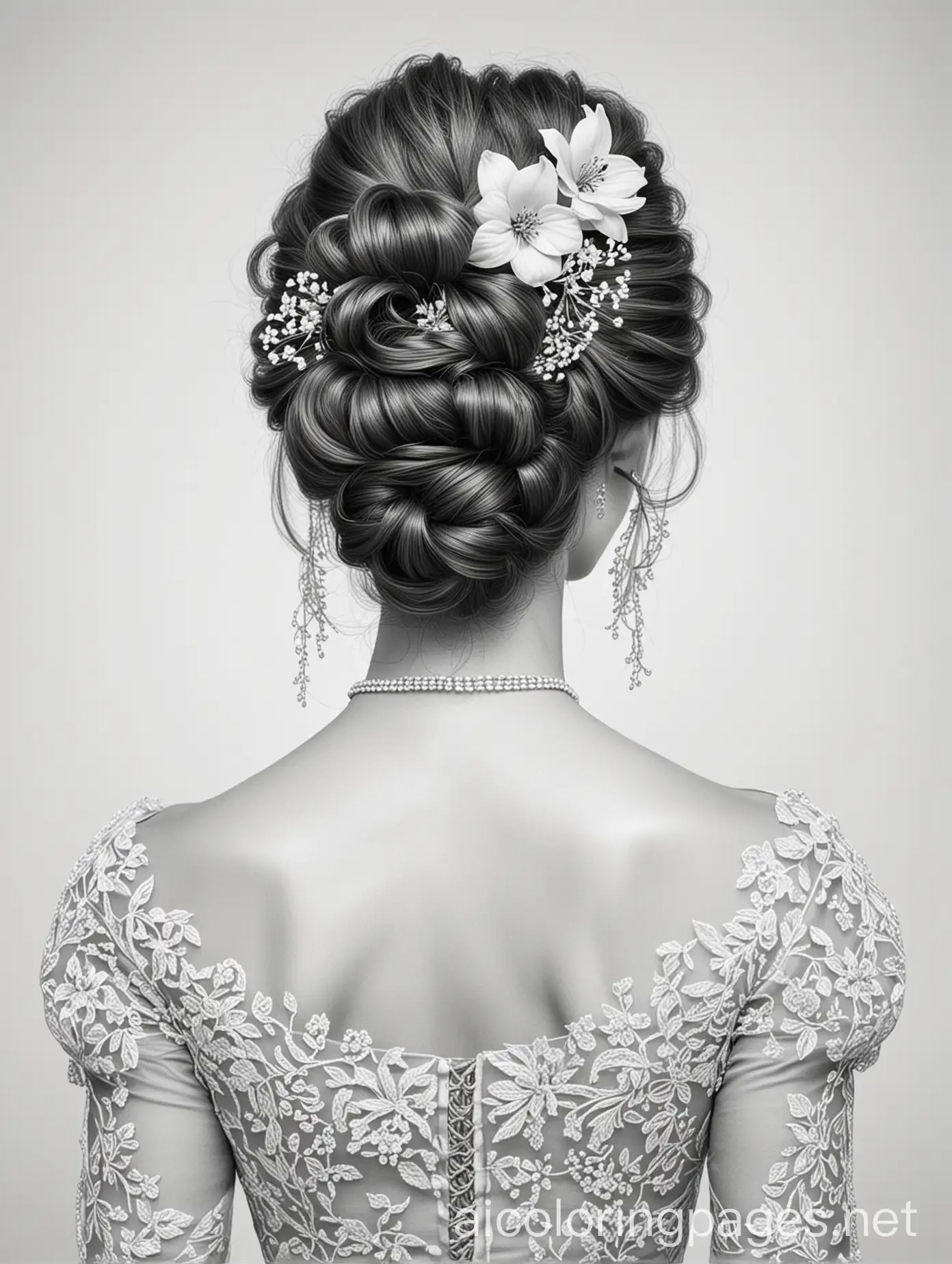portrait from behind of hair in a fancy Bridgerton updo with flowers and a fancy dress, Coloring Page, black and white, line art, white background, Simplicity, Ample White Space. The background of the coloring page is plain white to make it easy for young children to color within the lines. The outlines of all the subjects are easy to distinguish, making it simple for kids to color without too much difficulty