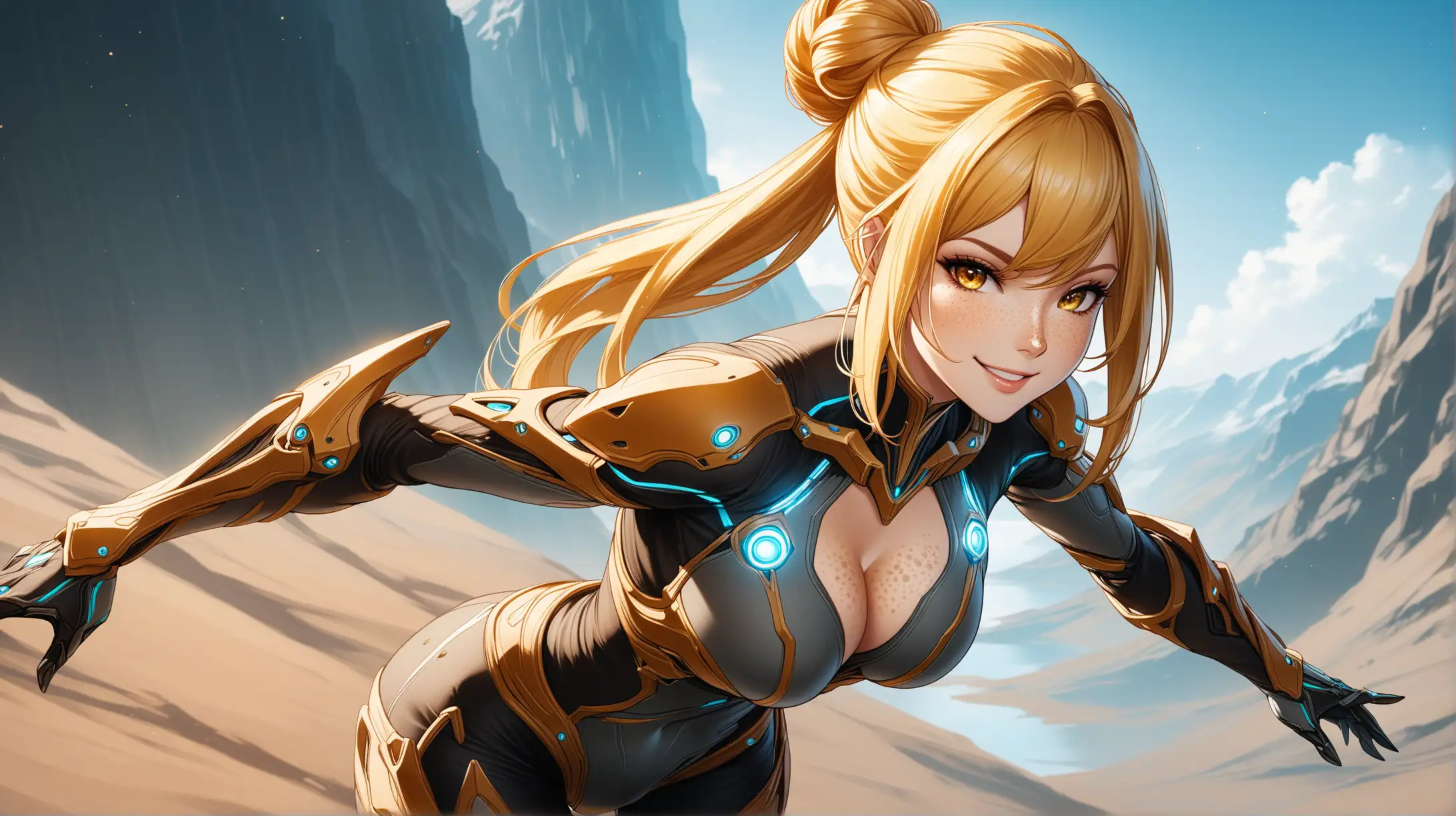 Draw a woman, long blonde hair in a bun, gold eyes, freckles, perky figure, outfit inspired from the game Warframe, high quality, long shot, outdoors, dynamic pose, seductive, cleavage, natural lighting, smiling at the viewer