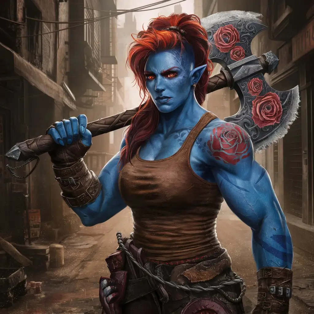 Muscular Blue Tiefling Woman with Rose Tattoo and Great Axe in Urban Setting