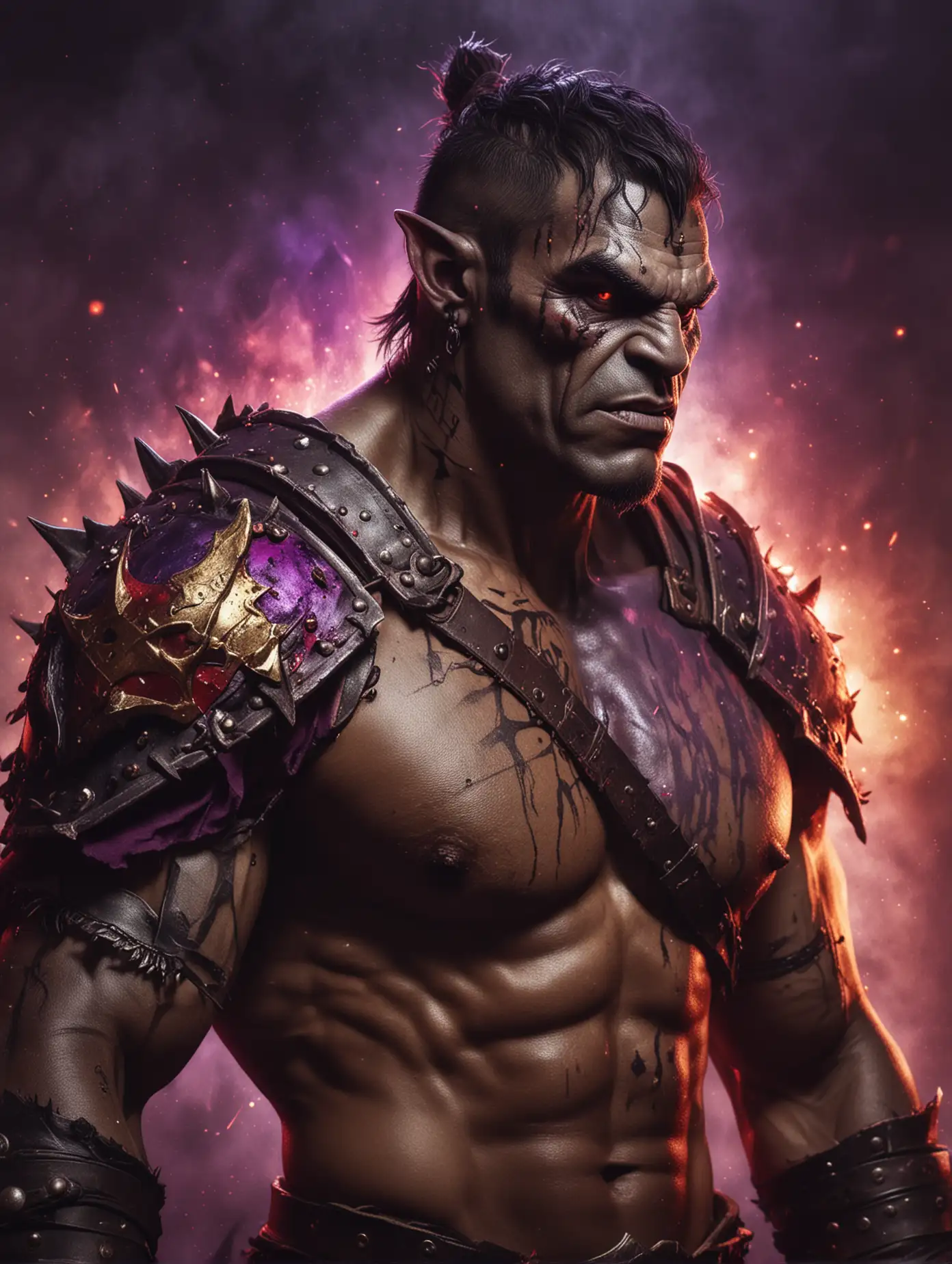 Illustration of a handsome man orc. He is shirtless, he is wearing a gladiator outfit. Black and red fog, purple flames, gold sparks, close up