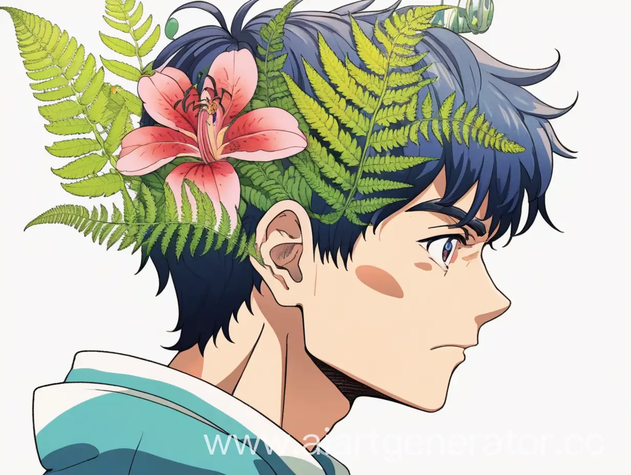 мужчина, из головы растет цветок ,из уха, без лица, вместо человеческой головы цветок , растение, папоротник, в стиле аниме 