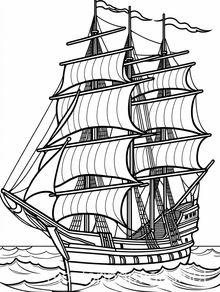 The Hispaniola ship in full sail (Showcase the ship that will take Jim on his adventure), Coloring Page, black and white, line art, white background, Simplicity, Ample White Space. The background of the coloring page is plain white to make it easy for young children to color within the lines. The outlines of all the subjects are easy to distinguish, making it simple for kids to color without too much difficulty