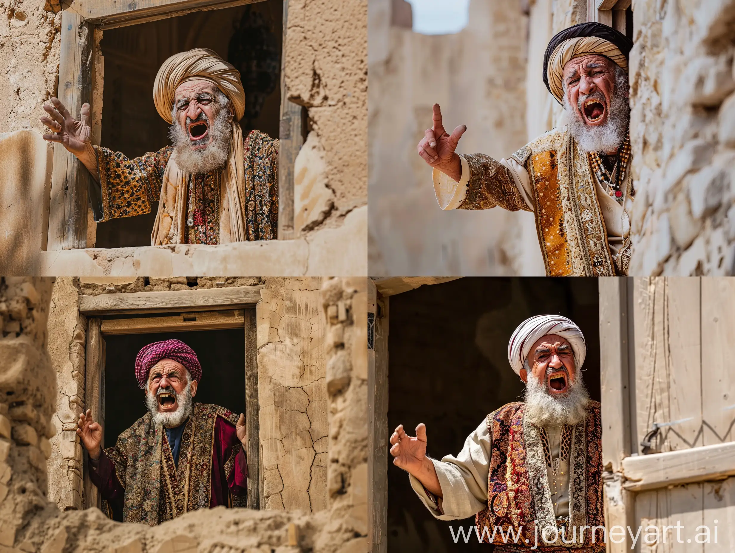 A grumpy old Persian man in traditional Persian dress angrily yelling out the window of Arg Bam Citadel, he is the ruler of the city and is in the Persian Empire in Arg Bam Citadel, create for me a realistic 4K photo with fine detail and noon lighting