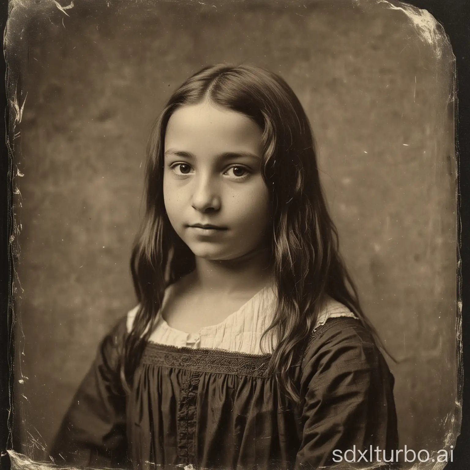 Old tintype photo taken in 1870 of a 12 yo girl resembling Mona Lisa. Scratches due to age of photo.