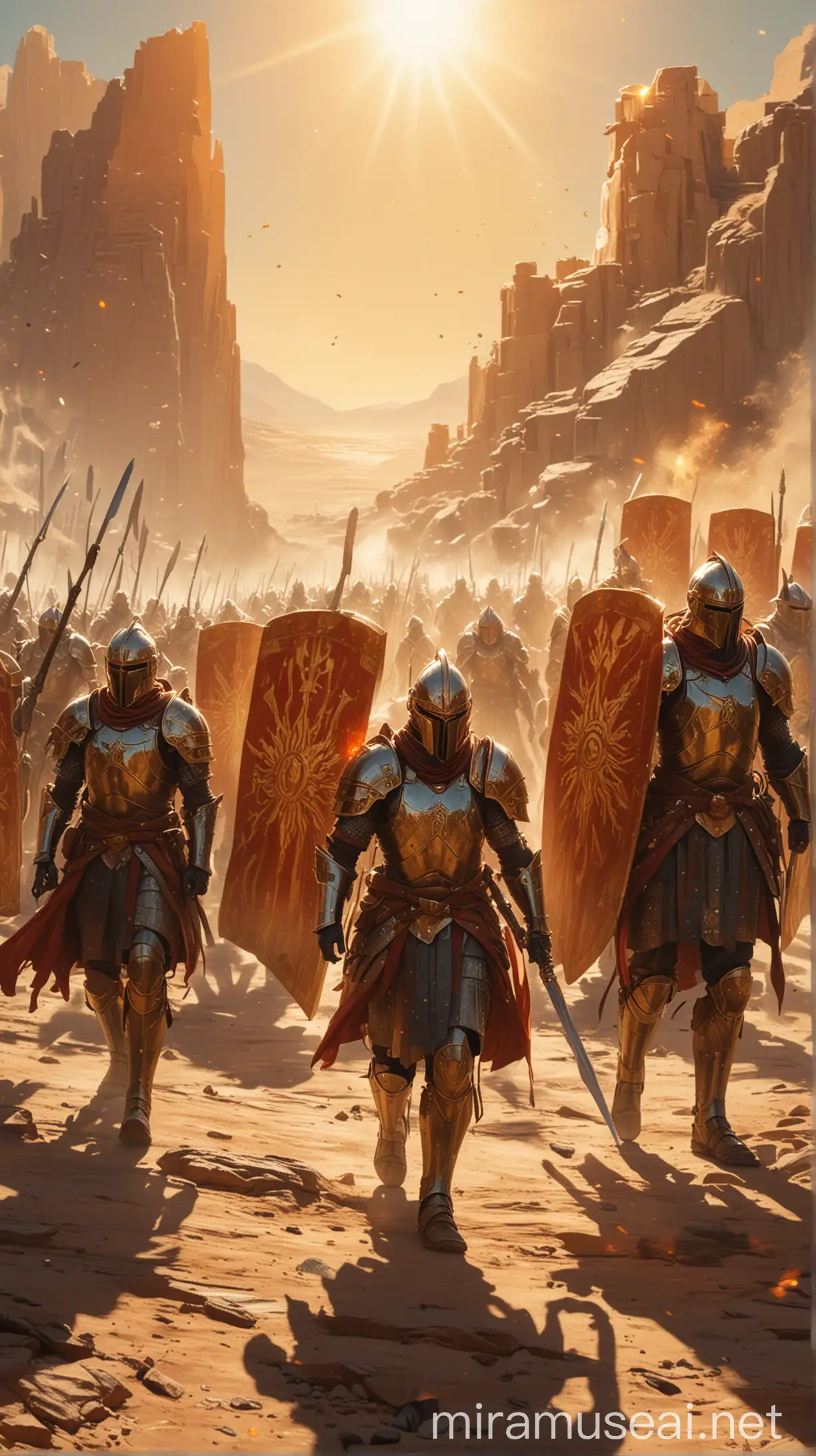  "A group of elite soldiers in gleaming armor march in unison under a blazing sun, carrying large rectangular shields and short swords." hyper realistic