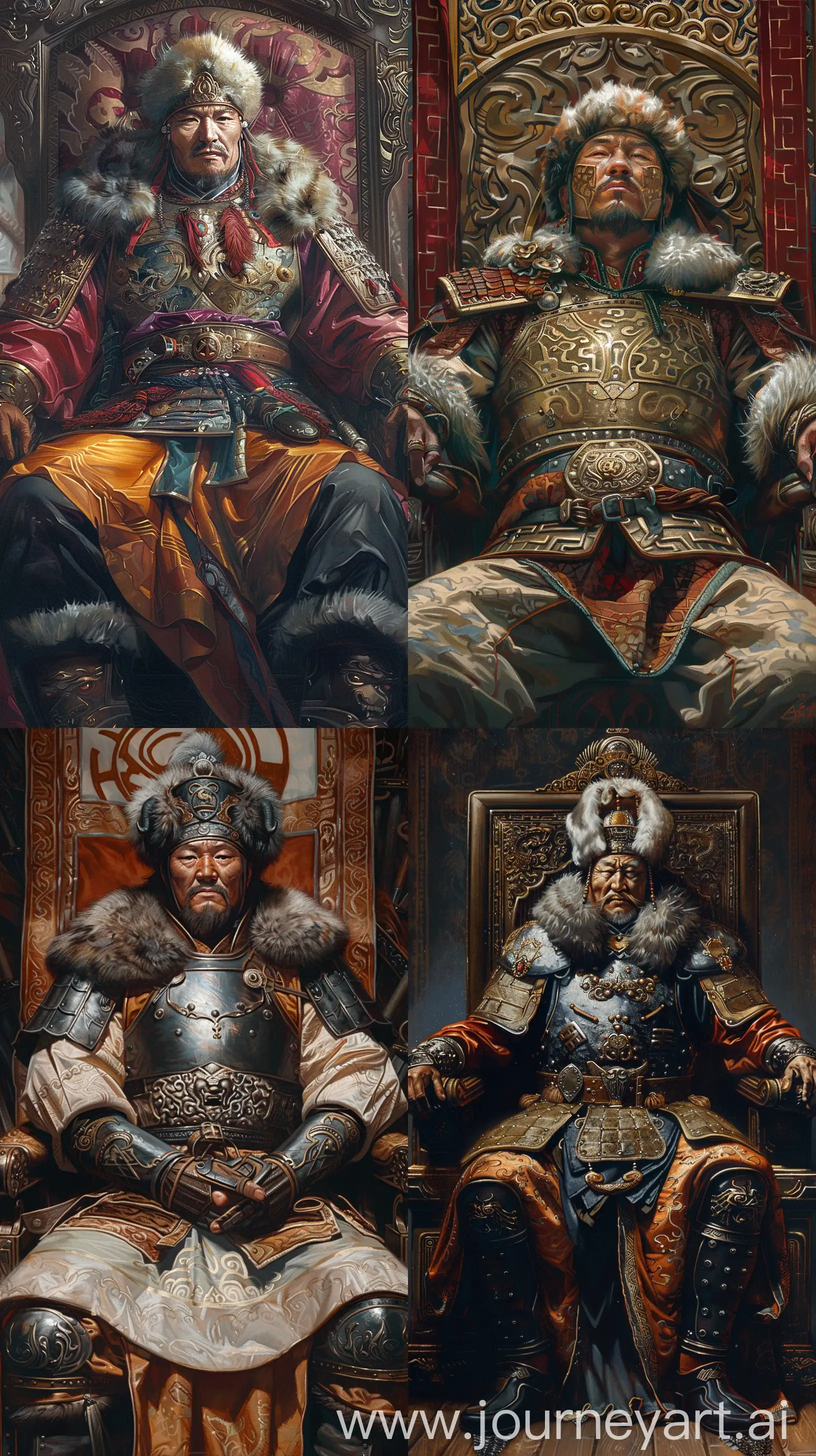 Mongol Khan wears lamellar armor and traditional silk robe and fur hat, sitting on throne, detailed face, renaissance style painting --ar 9:16