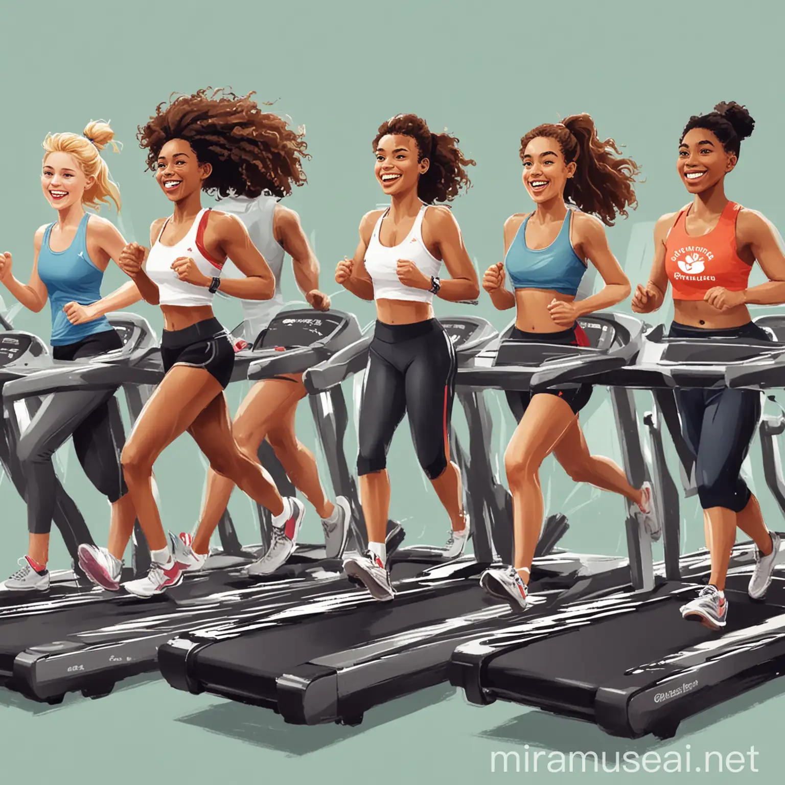 Design an illustration of a diverse group of people smiling and jogging together on treadmills, with a prominent logo of the treadmill brand in the background.