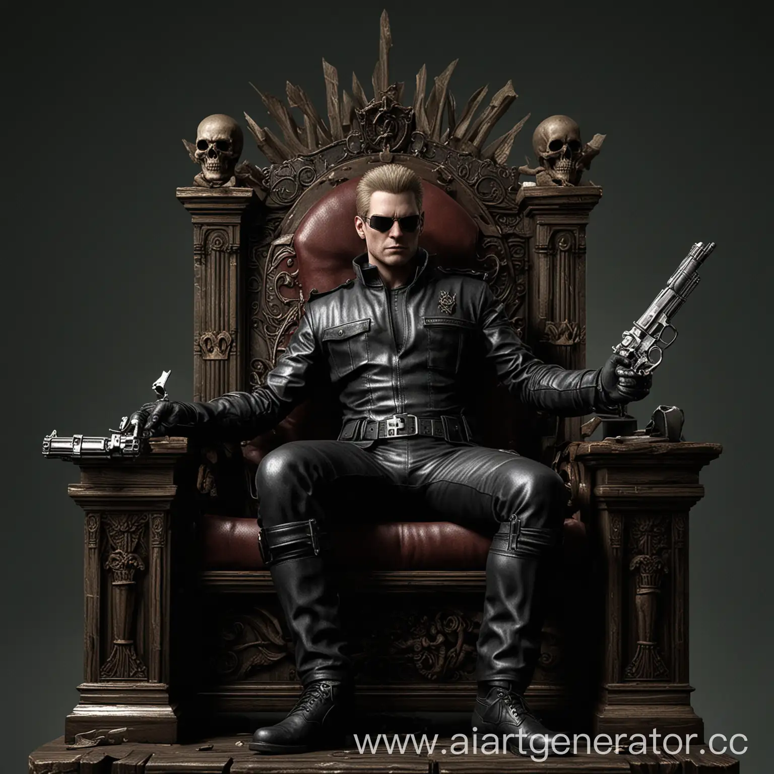 Альберт Вескер из серии игр «Resident Evil». Он сидит на троне. Закинул одну ногу на другую ногу. В правой руке держит Револьвер Winchester M1883. В левой руке держит череп.