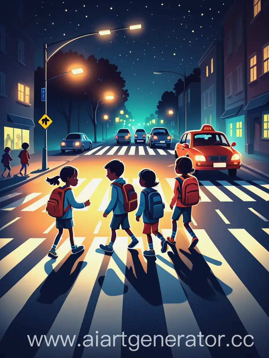 a cartoon-style picture. night, the road, children crossing the road through a pedestrian crossing, a car lights on them. children have reflective elements on their clothes and backpacks