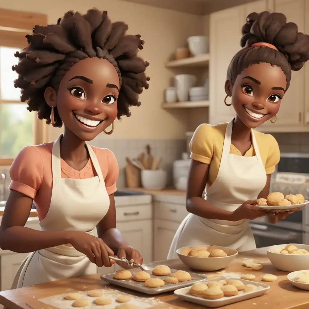 Joyful African American Women Baking Together in Cartoon Style