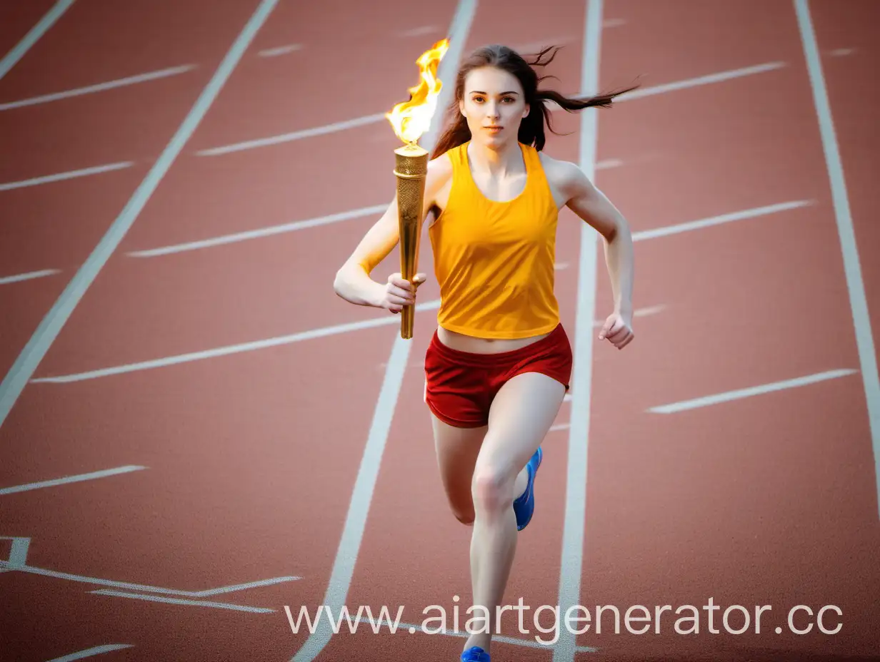 Beautiful girl athlete at the stadium, runs with the Olympic torch