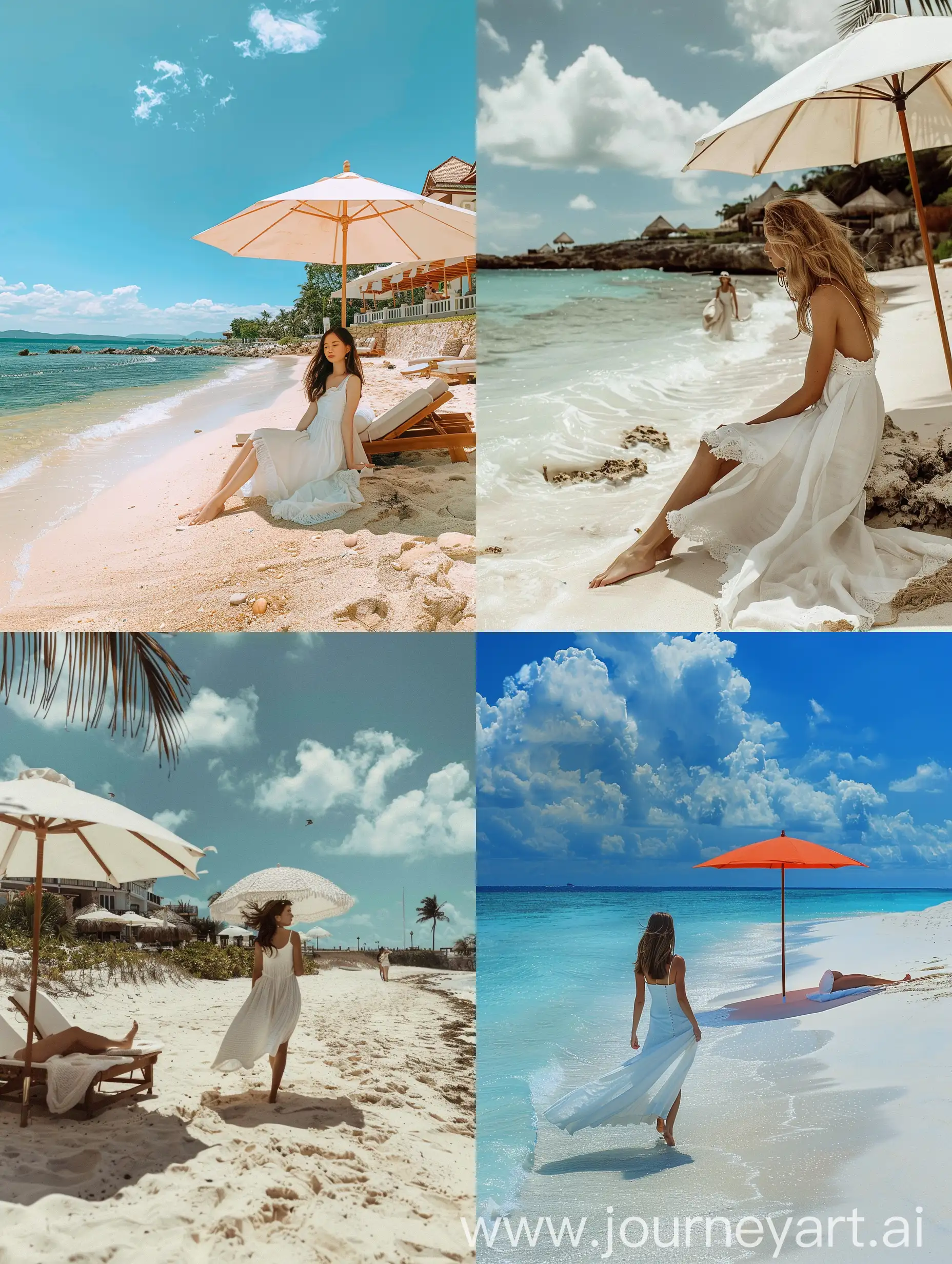 Красивое фото живописного пляжа около отеля, на пляже отдыхает девушка под зонтом или гуляет по пляжу в белом платье