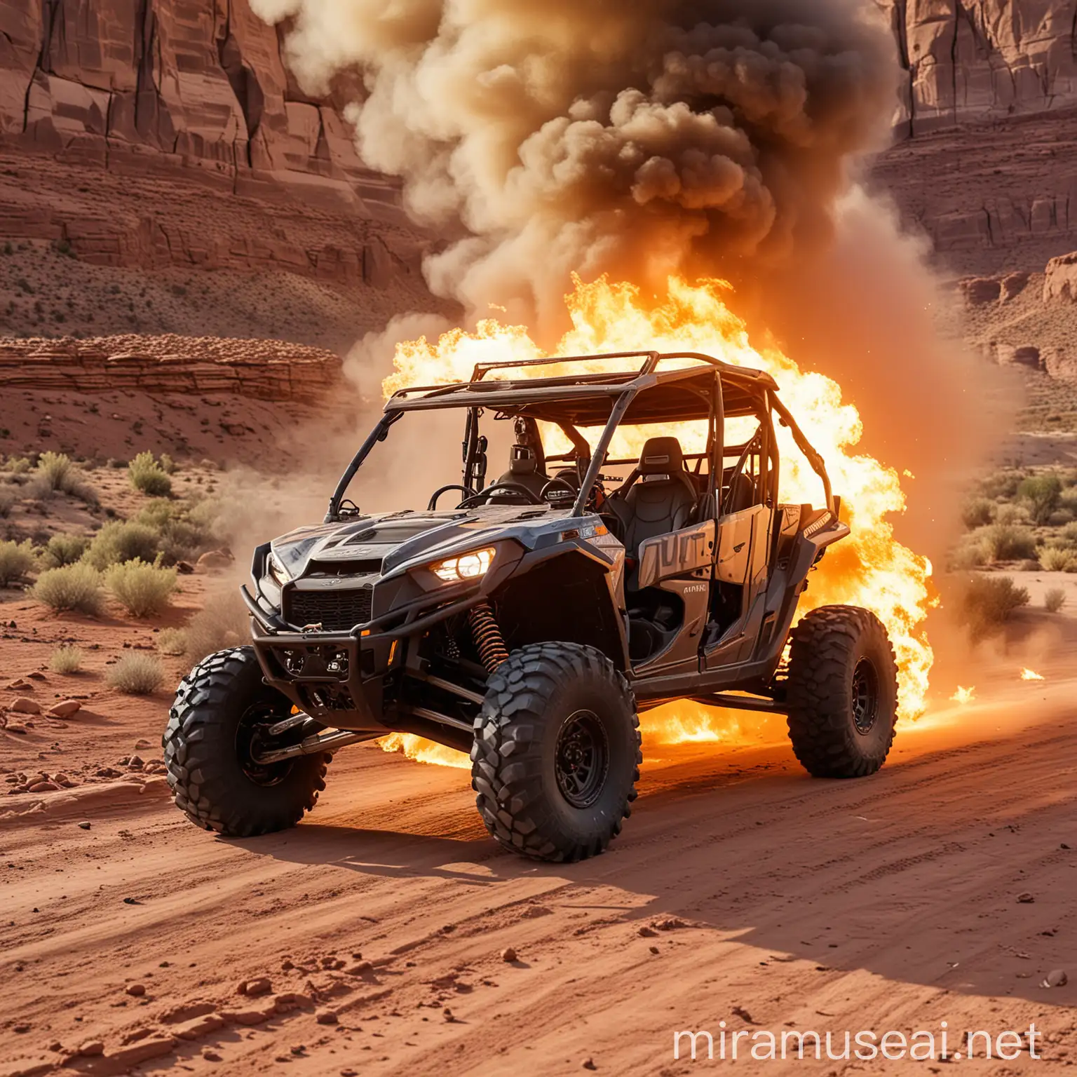 UTV all terrain vehicle on fire in moab utah, evening light