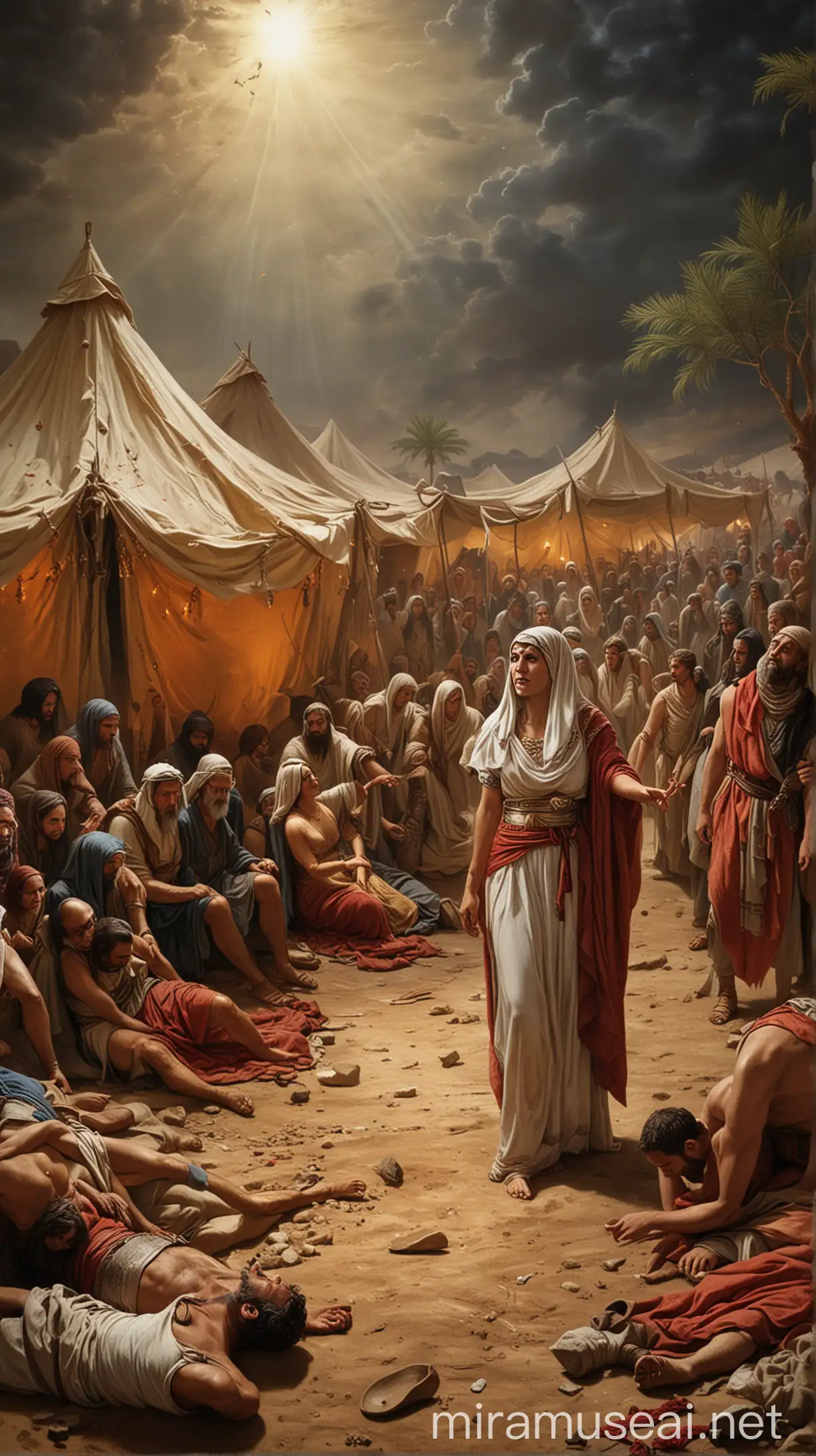 Depict the aftermath with Barak arriving at Jael's tent. Jael should be seen showing Barak the body of Sisera, signifying the fulfillment of Deborah's prophecy."In ancient world 