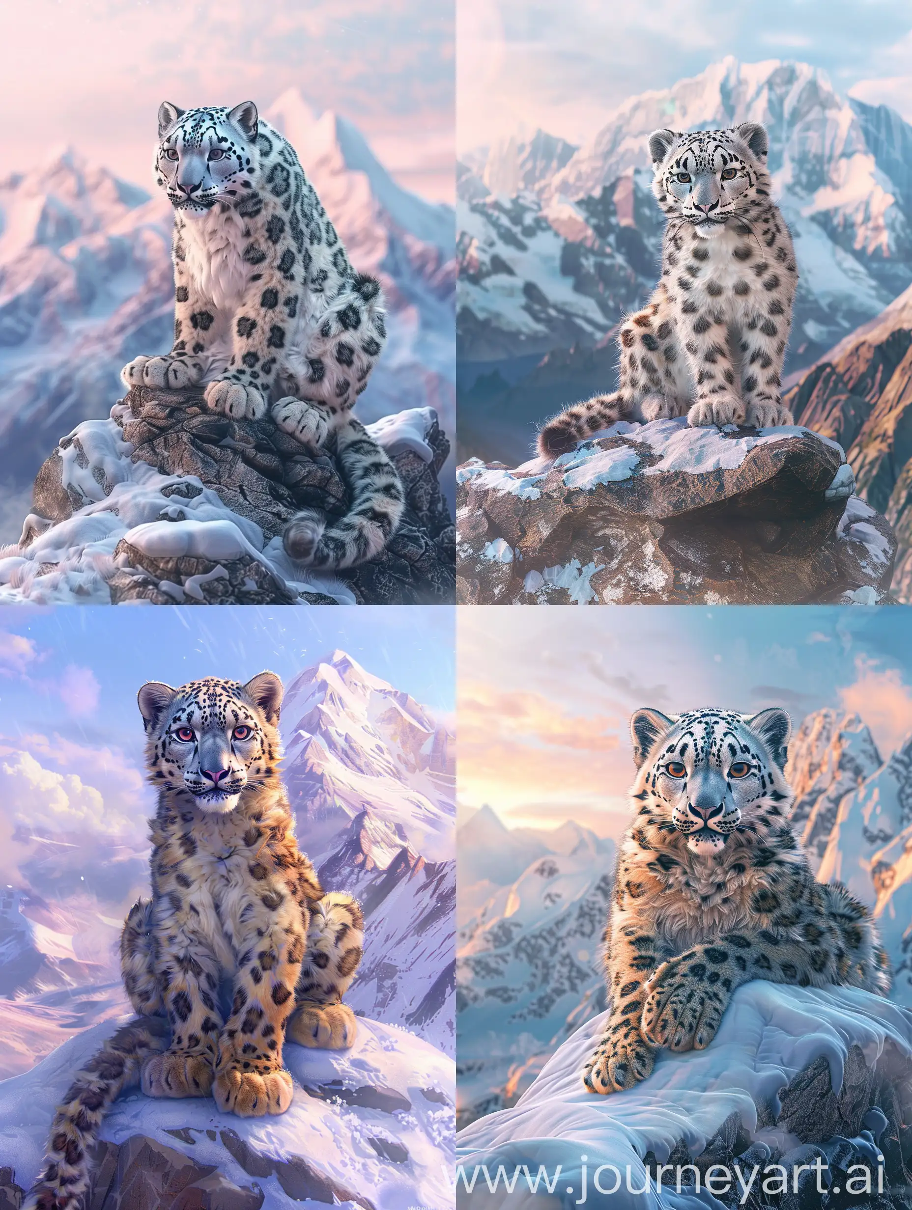 Сказка в стиле 3д, Создай изображение снежного леопарда в стиле карикатуры, очаровательный снежный барс, изысканный, причудливый фантастический пейзаж с вершины заснеженных гор, карикатура, мягкие цвета 
