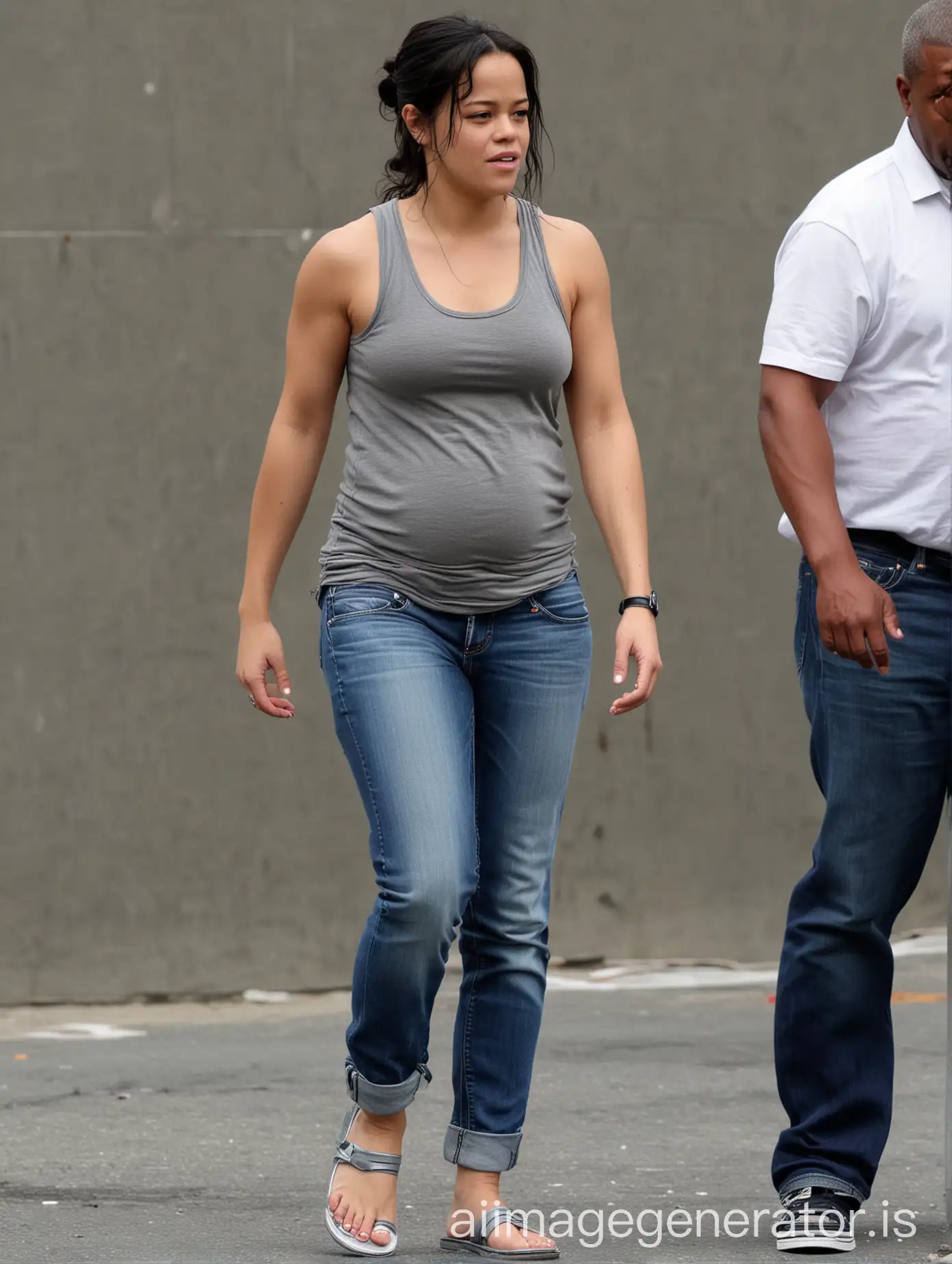 Michelle Rodriguez wearing grey tank top and blue jeans with silver flip flops , pregnant as a single mum, getting arrested