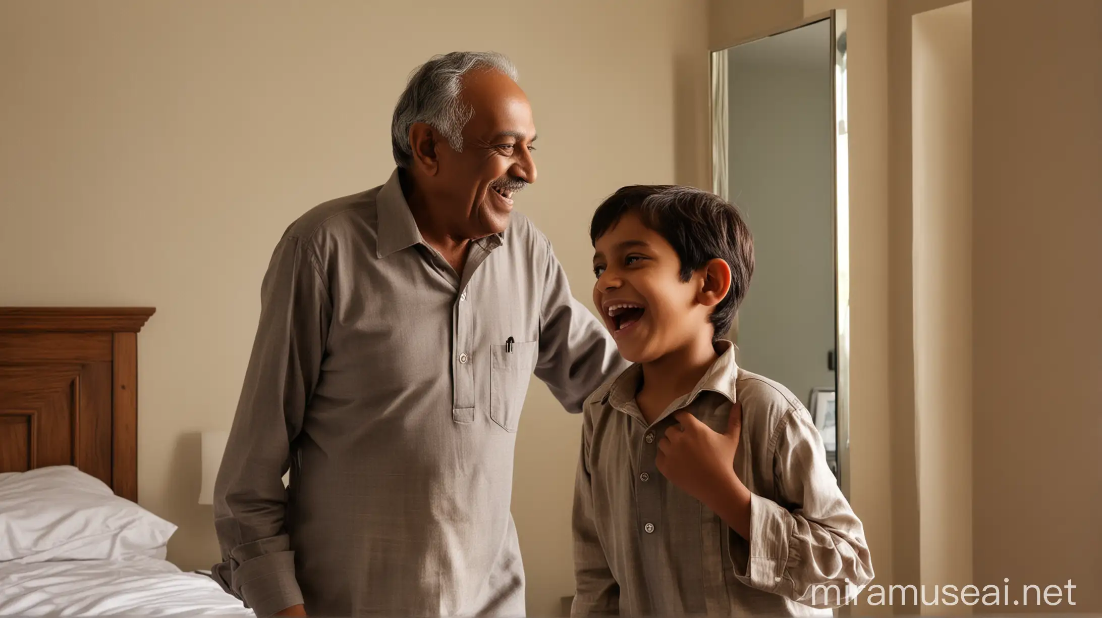 an interior shot, 60-year-old indian grandfather with 10-year-old child both looking at the bedroom mirror, laughing, award winning photographer, photorealistic