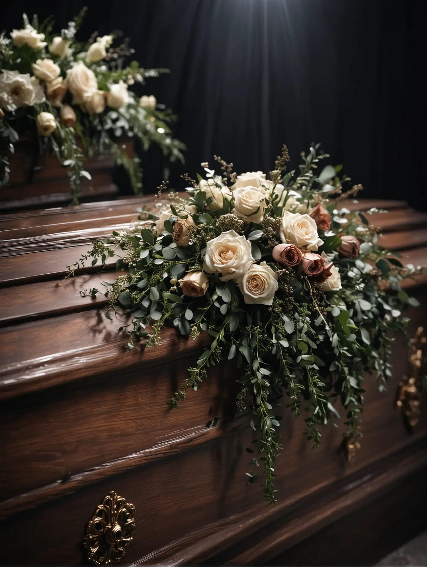 single light source, fragment of dark modern casket seen in perspective, modest funeral bouquet lying on casket lid, blurred dark background, bokeh