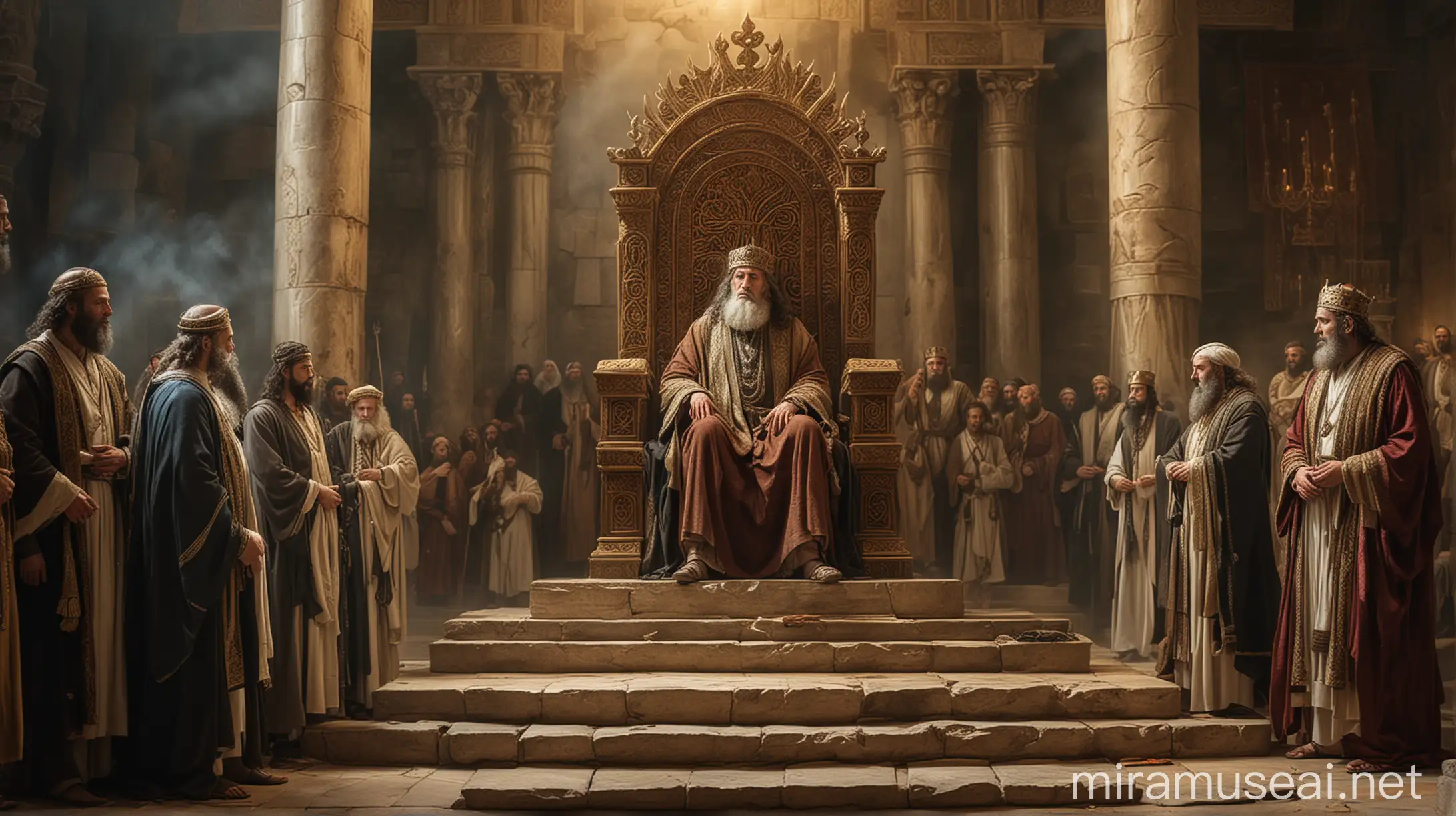 A Jewish prophet standing before Jewish wicked king sit on throne in ancient Jew