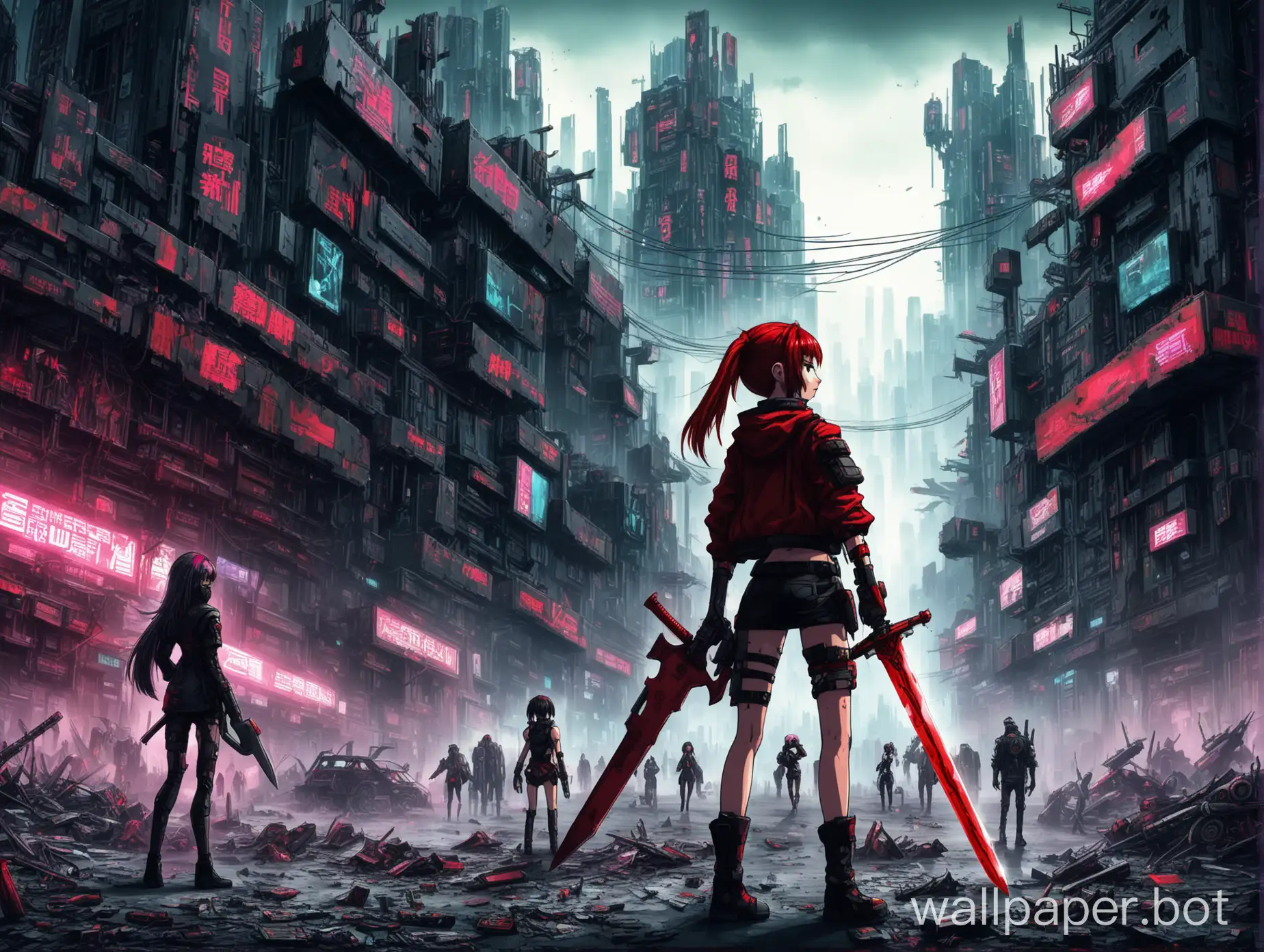 anime cyberpunk apocalypse world, a girl far in the background with red sword