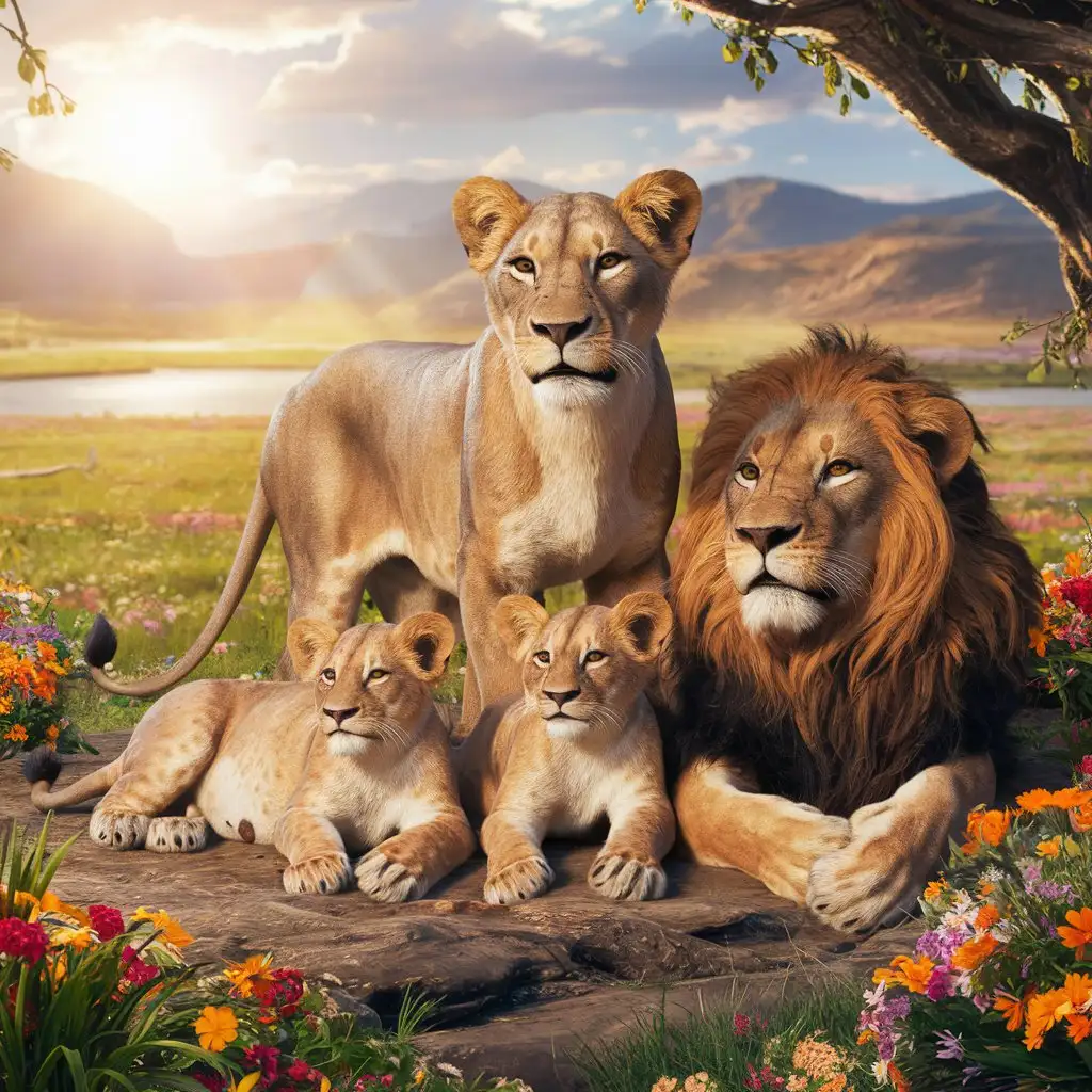 text als überschrift groß geschrieben:''Löwenmama'', löwen familie mit löwenmutter, und löwenvater und zwei löwenkindern, blumen, wiese, sonne, paradise, see, fotorealistisch