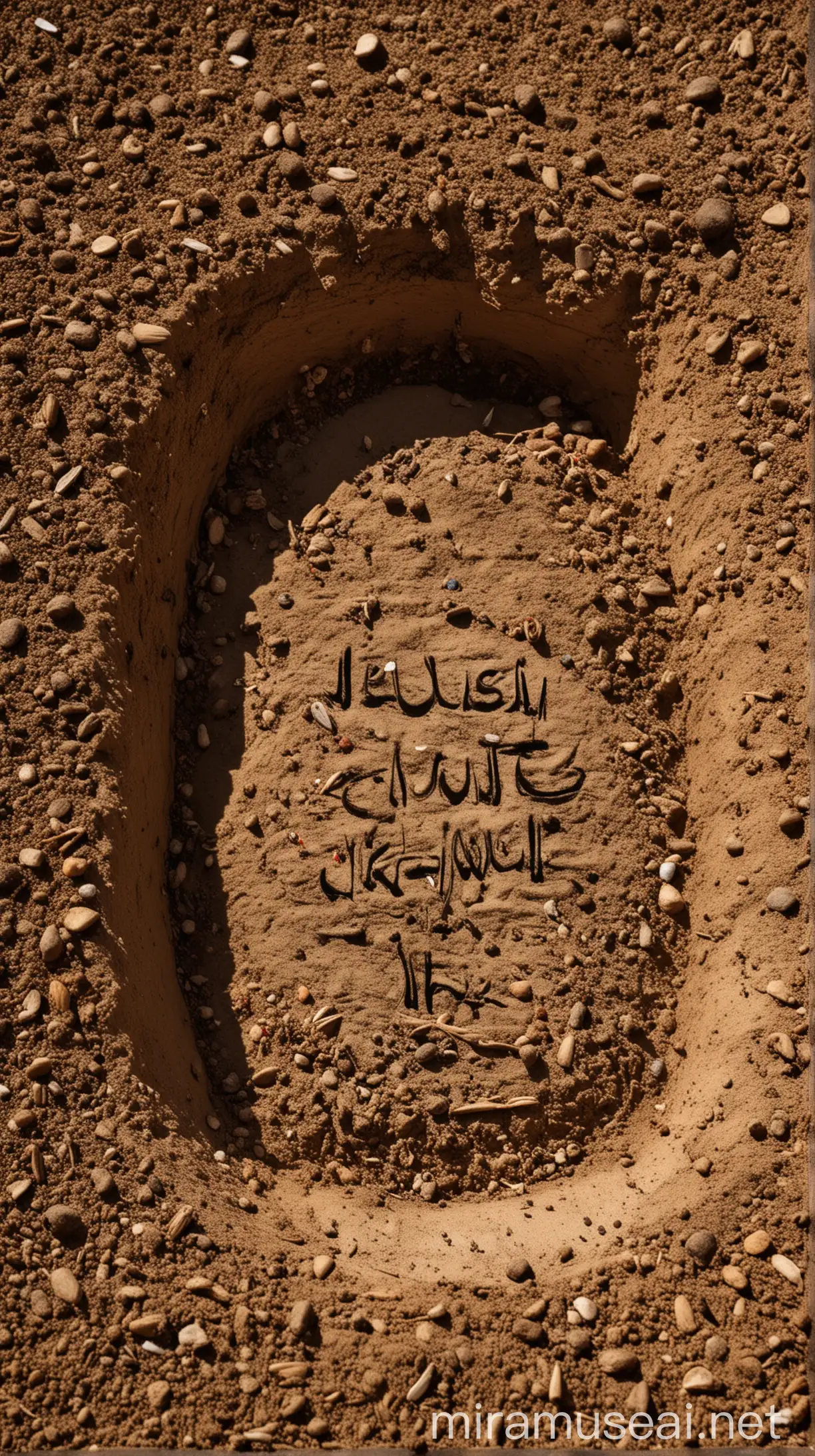 "Create an image of a freshly buried grave with subtle signs of disturbance, hinting at the activity of insects beneath the soil." in grave, in islamic tradition