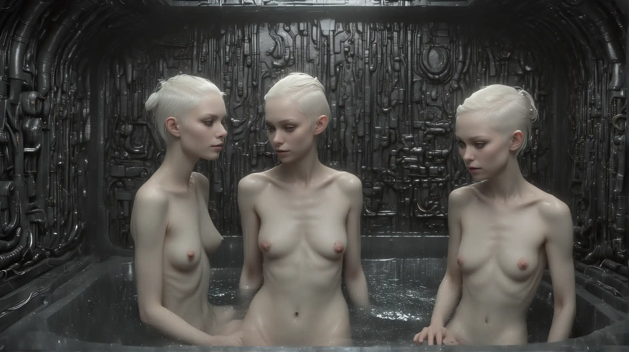dark sci-fi, cryptic, minimalist, Giger style, large slate bath in slate bathroom, steam, multiple petite young concubines in bath, sultry, exotic, seductive, bald heads, dark eyes, (naked:1.2), (pale:2), small breasts, smiling, teasing viewer,

wide shot, highly detailed, random details, imperfection, detailed face, detailed body, detailed skin textures, skin pores, detailed colours hues tones,
