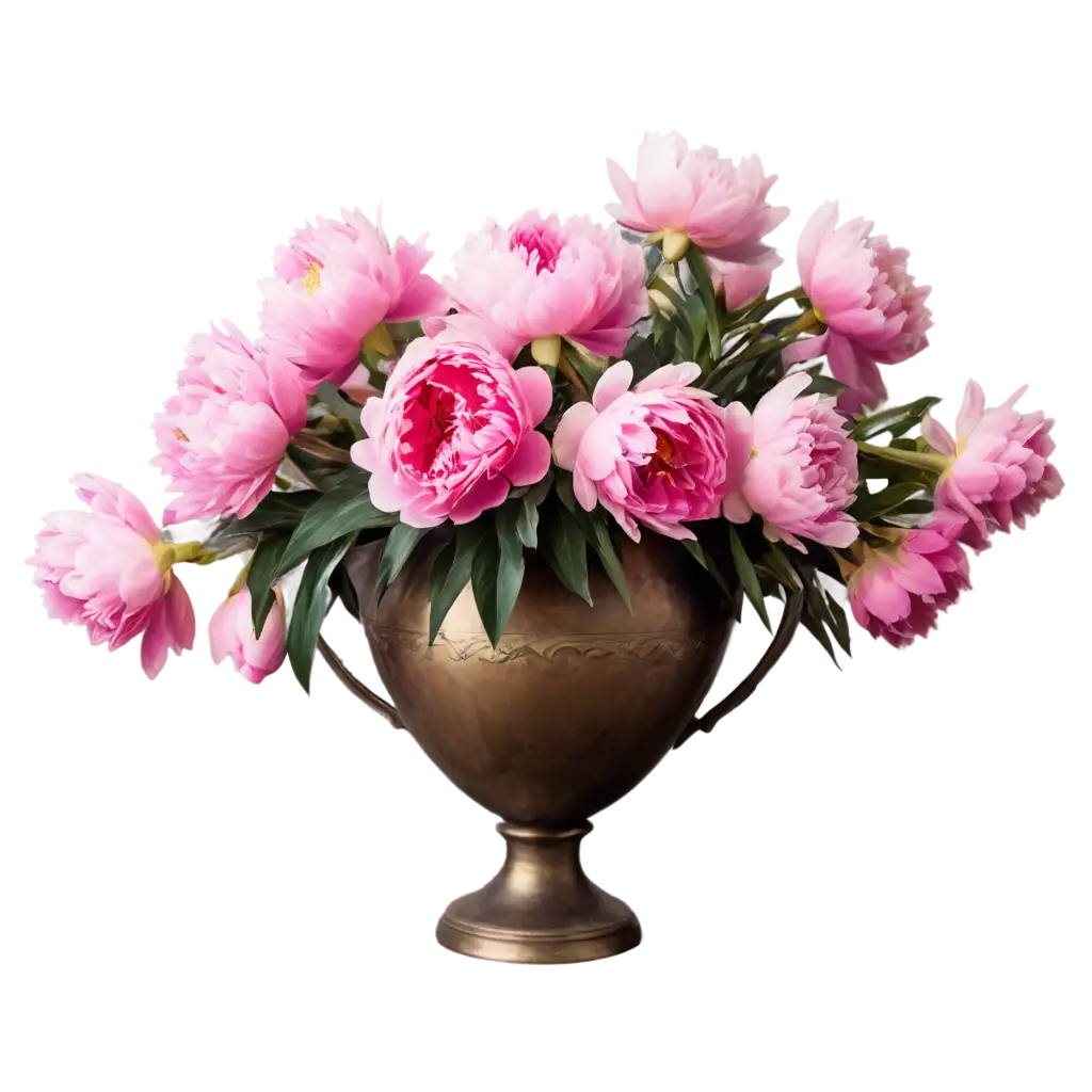 Still life, masterpiece, oil painting, bright bouquet of peonies in a beautiful antique bronze vase. Elegant, rich and expensive.