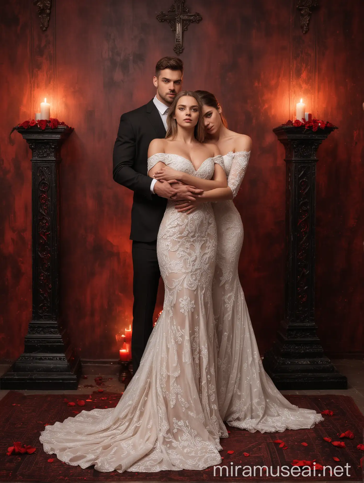 Two beautiful ladies in a fitted bridal dress holding a handsome grumpy muscular young man's arms while he's standing in their centre, with a beautiful black red luminous altar behind them.