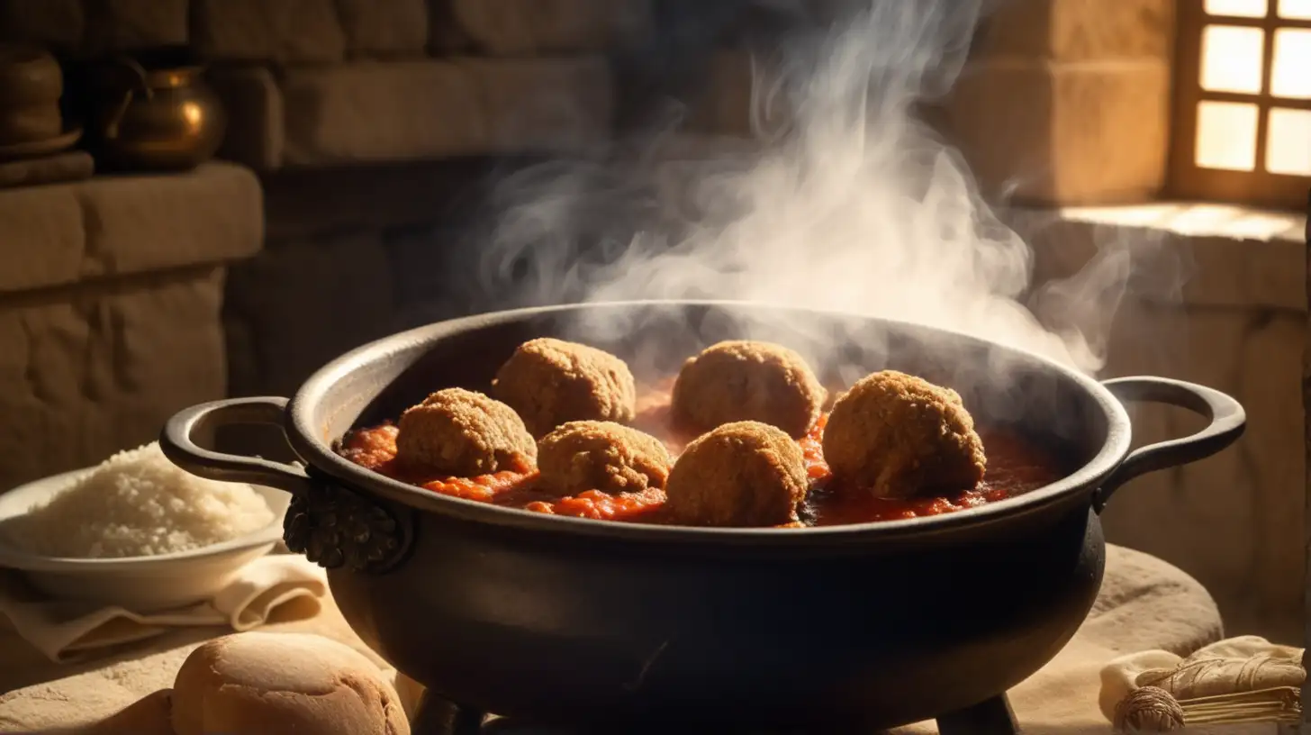 epoque biblique, une marmite contenant des boulettes de viande pannées dans de la chapelure, la plat est très chaud et la vapeur monte au dessus de la marmite, dans une cuisine hébreu antique