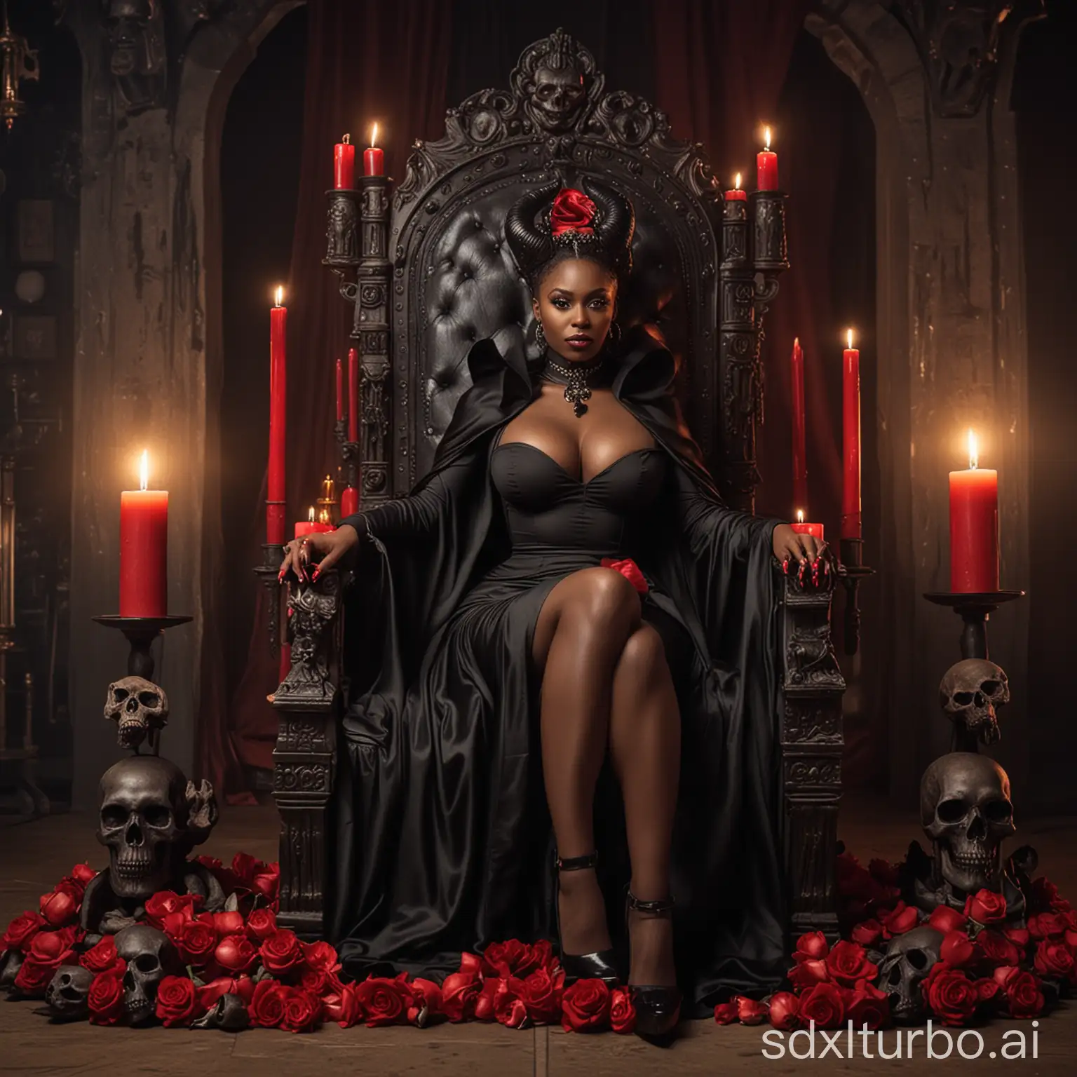 a black woman with big breasts with horns.  wears a black cape with high collar , wears high heels and sits on a throne next to her two skulls  with red candles