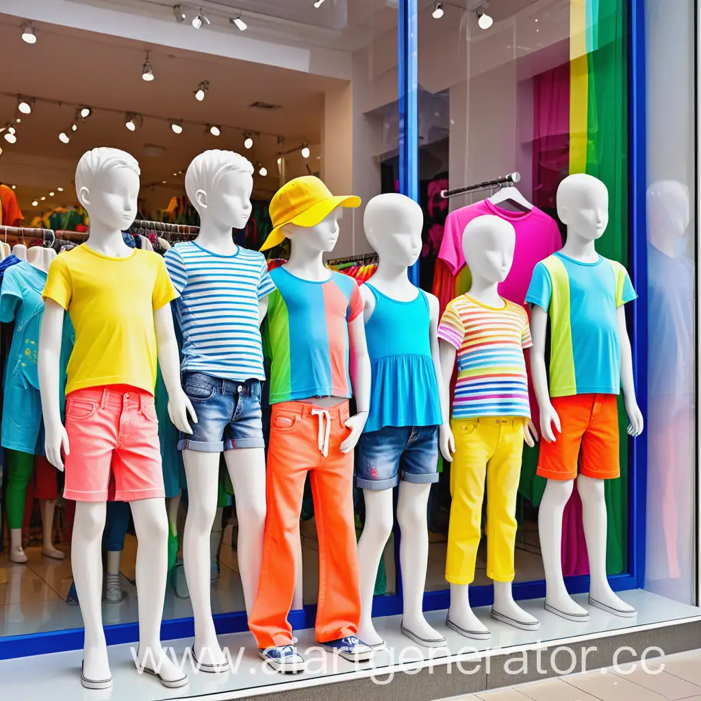 витрина магазина отдела много  детской летней  одежды, с маникеном  подросток,  радужные яркие  краски