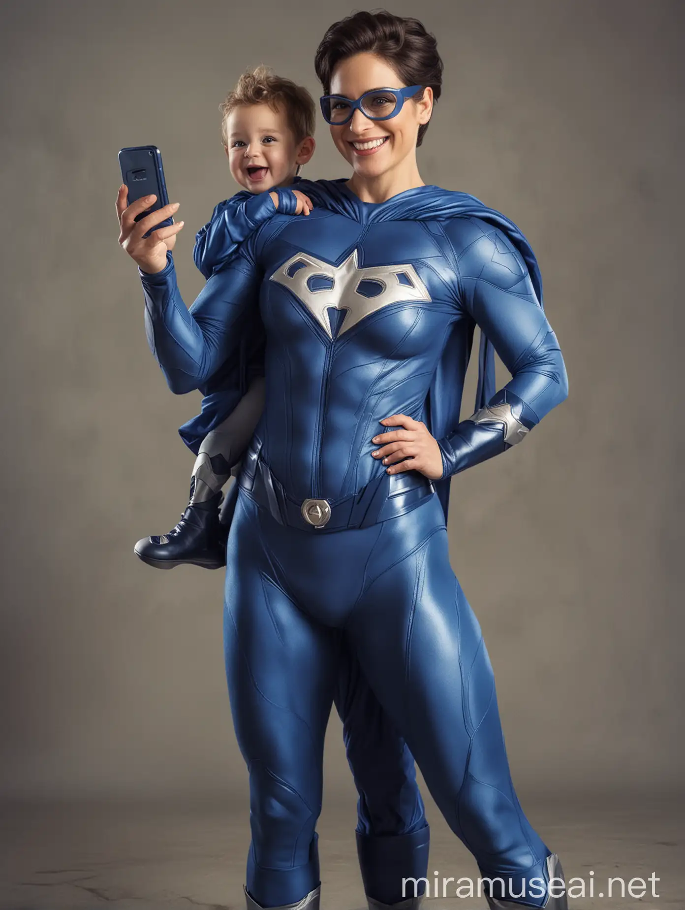Una mujer mamá agradable y de buen parecer, vestida con un traje azul de superhéroe, con un celular en mano y acompañada de su hijo sonriente y de buen parecer.