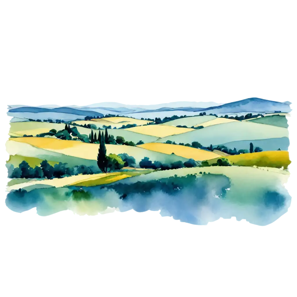 Abstract-Watercolour-Tuscany-Countryside-PNG-Serene-Landscape-with-BlueGreen-Hues-and-White-Clouds