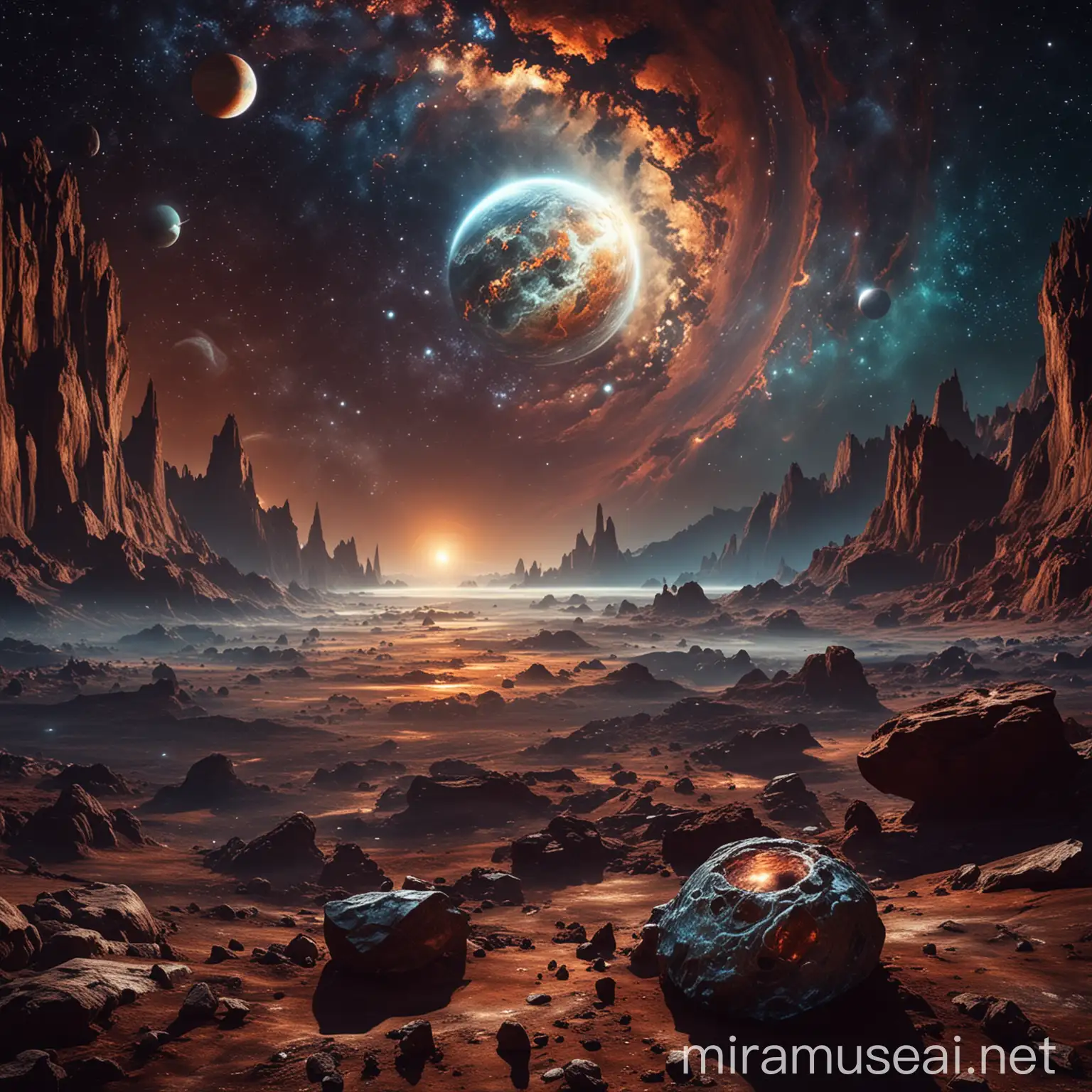 another world, another planet, a different landscape with rocks, a star nebula in the sky, a large gas planet, (planet with rings), a companion moon. In the atmosphere round, sphere, space bark, with illumination.