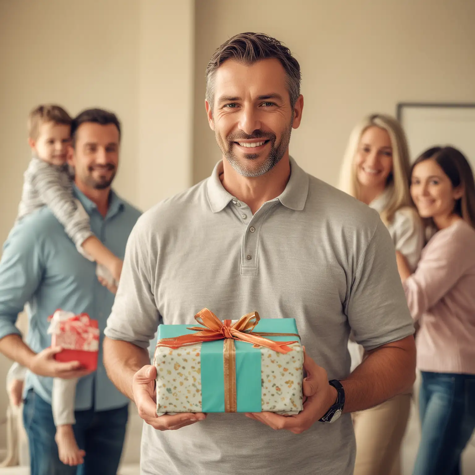 Father Holding Fathers Day Gift Surrounded by Blurry Family