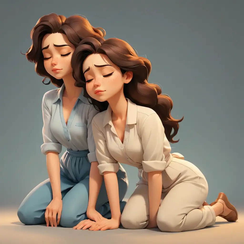 Cartoon-Illustration-of-Two-Beautiful-Women-Kneeling-with-Closed-Eyes