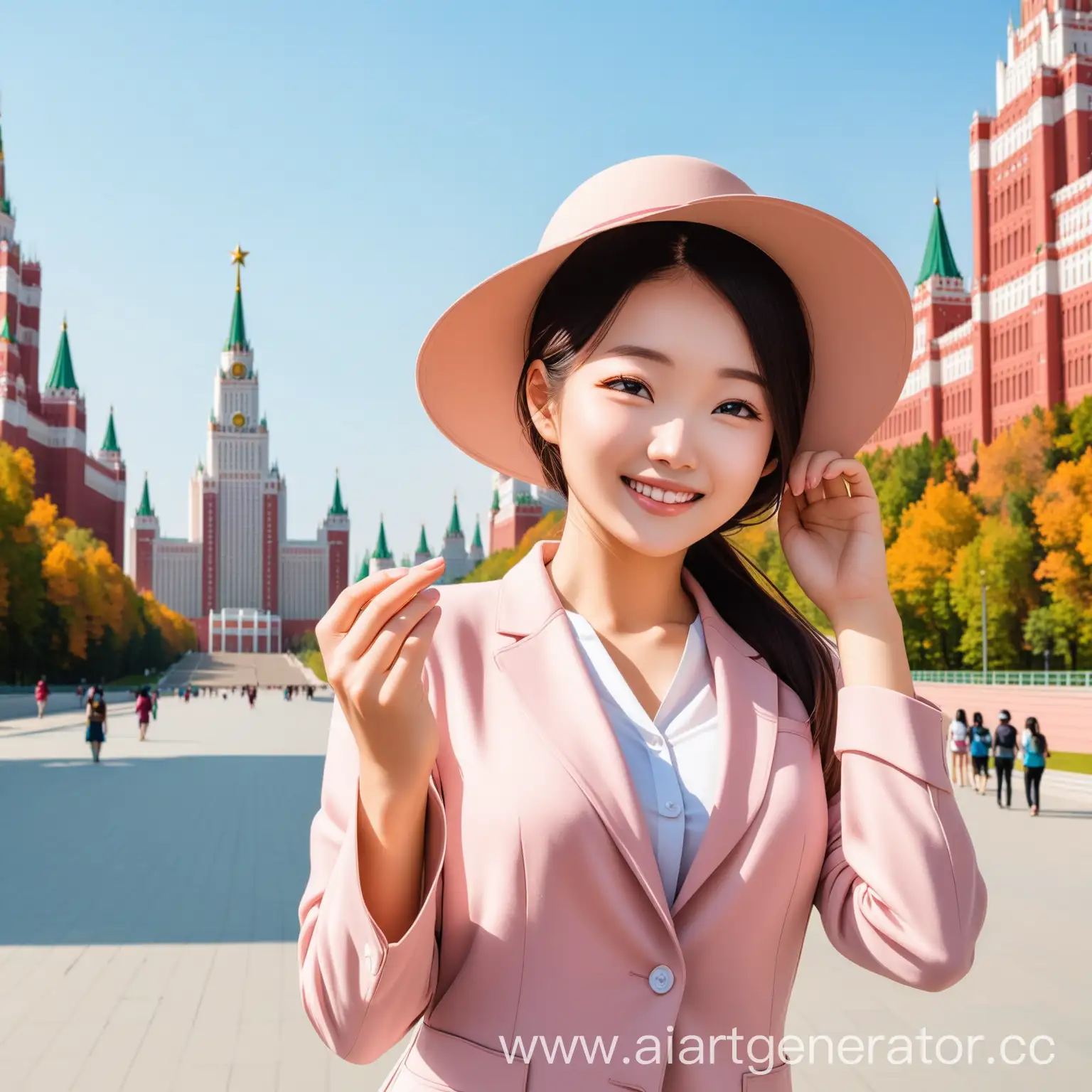 Joyful-Woman-Admiring-Moscow-State-University-with-Korean-Influence