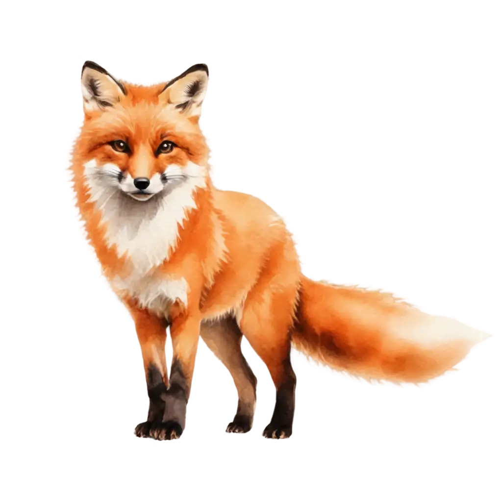 "Illustrate a delightful watercolor image of a playful fox with a bushy tail and bright orange fur, set against a white background."





