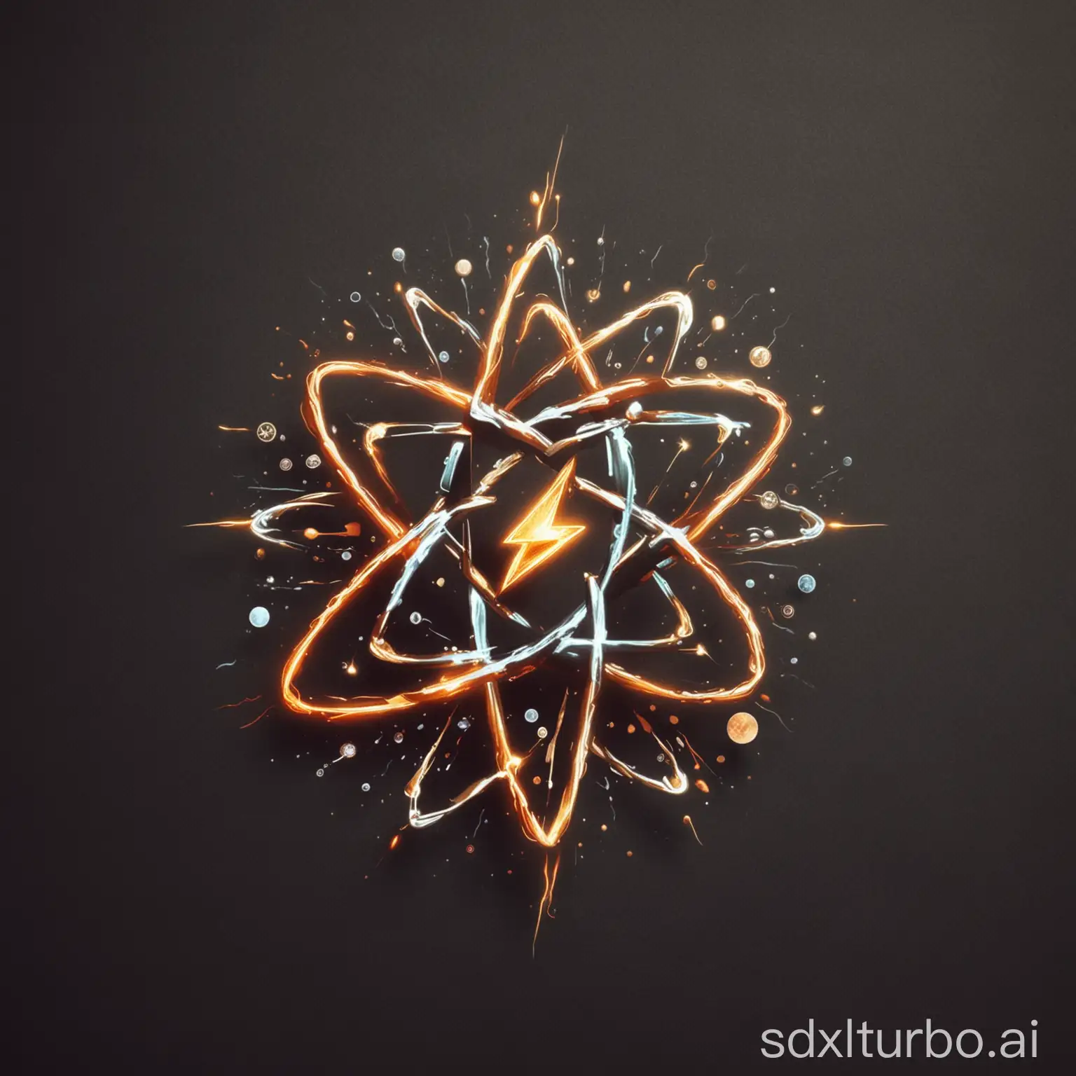 a logo that merges an atom with a lightning bolt