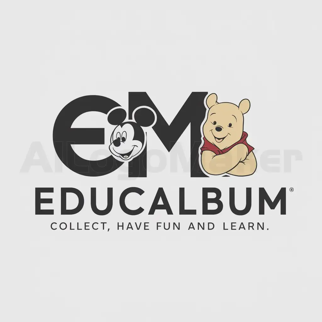 a logo design,with the text "Educalbum, let the slogan be: Collect, Have Fun and Learn", main symbol:mickey mouse 1928 y winnie de pooh, que mickey be next to the E and Winnie de pooh be next to the M,Moderate,be used in Entertainment industry,clear background