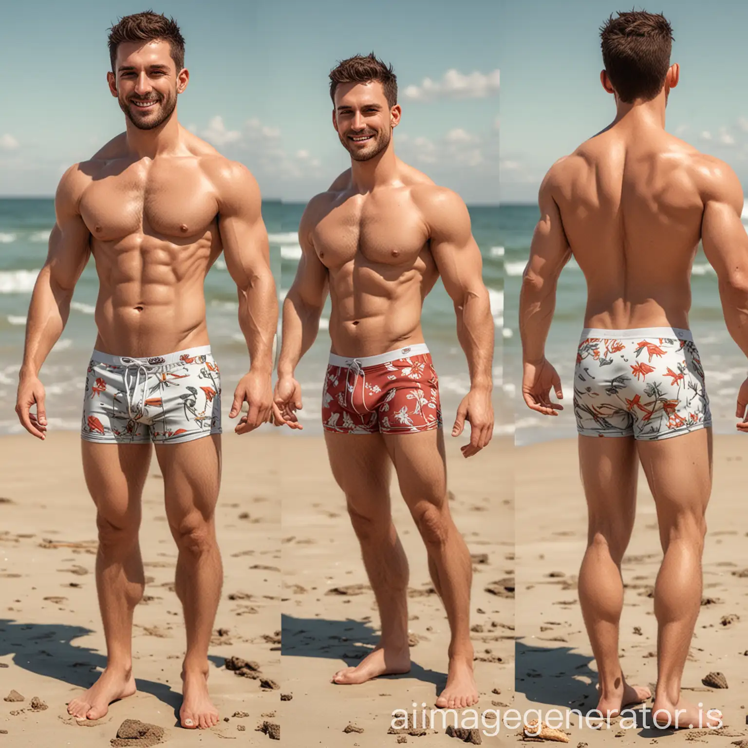 Make me a 4d caricature design of a man on the beach wearing underwear in the form of an athletic body and aesthetic beach