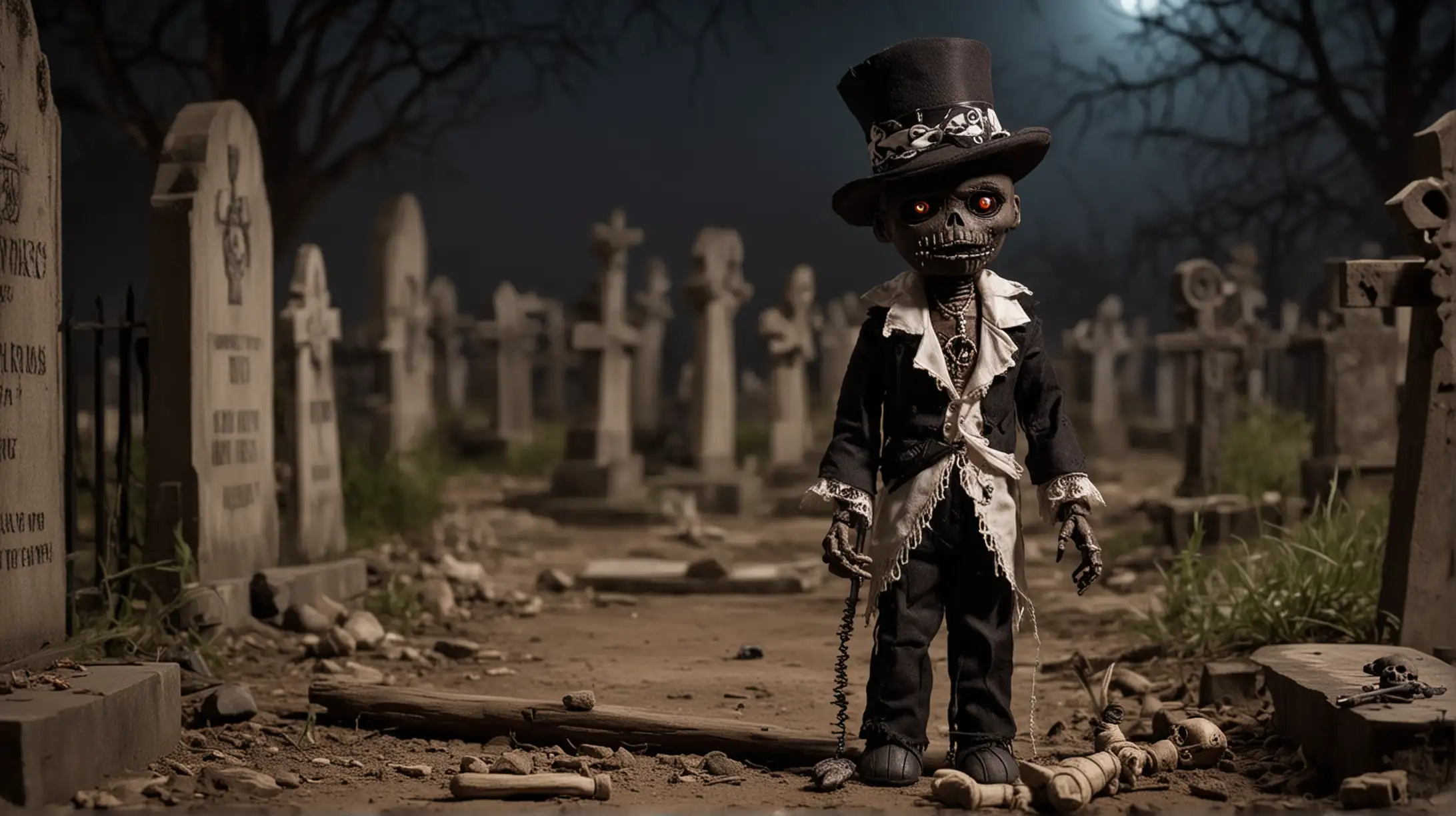 a voodoo doll that looks like Baron Samedi inside a cemetery at night 