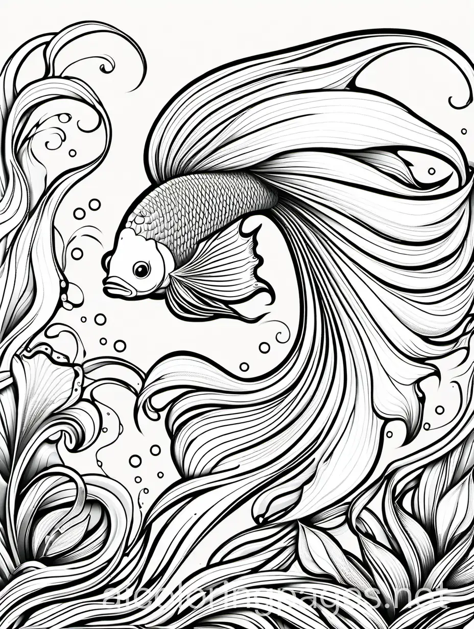 Betta Fish, fantasy, ethereal, beautiful, Art nouveau, in the style of Brian Froud, Coloring Page, black and white, line art, white background, Simplicity, Ample White Space. The background of the coloring page is plain white to make it easy for young children to color within the lines. The outlines of all the subjects are easy to distinguish, making it simple for kids to color without too much difficulty