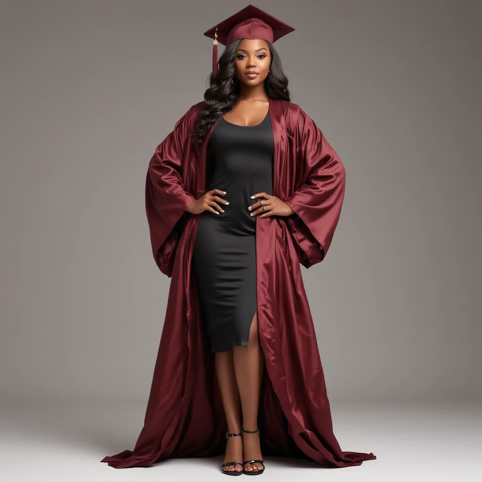 Professional mockup photo of a beautiful black female 20 wearing a maroon graduation cap and gown with long black body wave hair with glam make up, holding her hip with nice long legs showing out the gown, hyper-realistic, facing camera, showing t-shirt, studio lighting, full body, 7mm lens, white background.