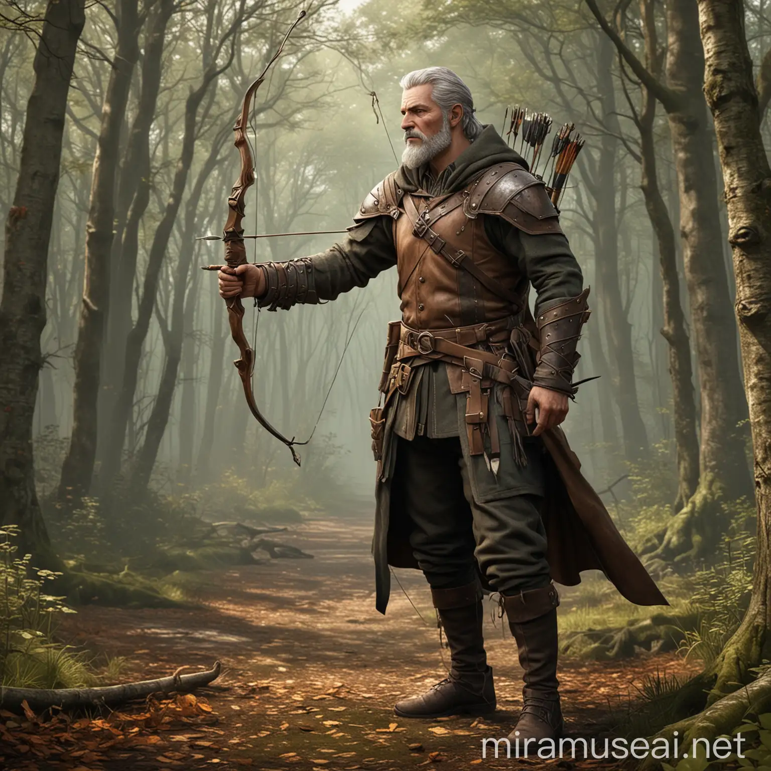 Create a full length male character of a skilled archer, older, living in woodlands, former brigand