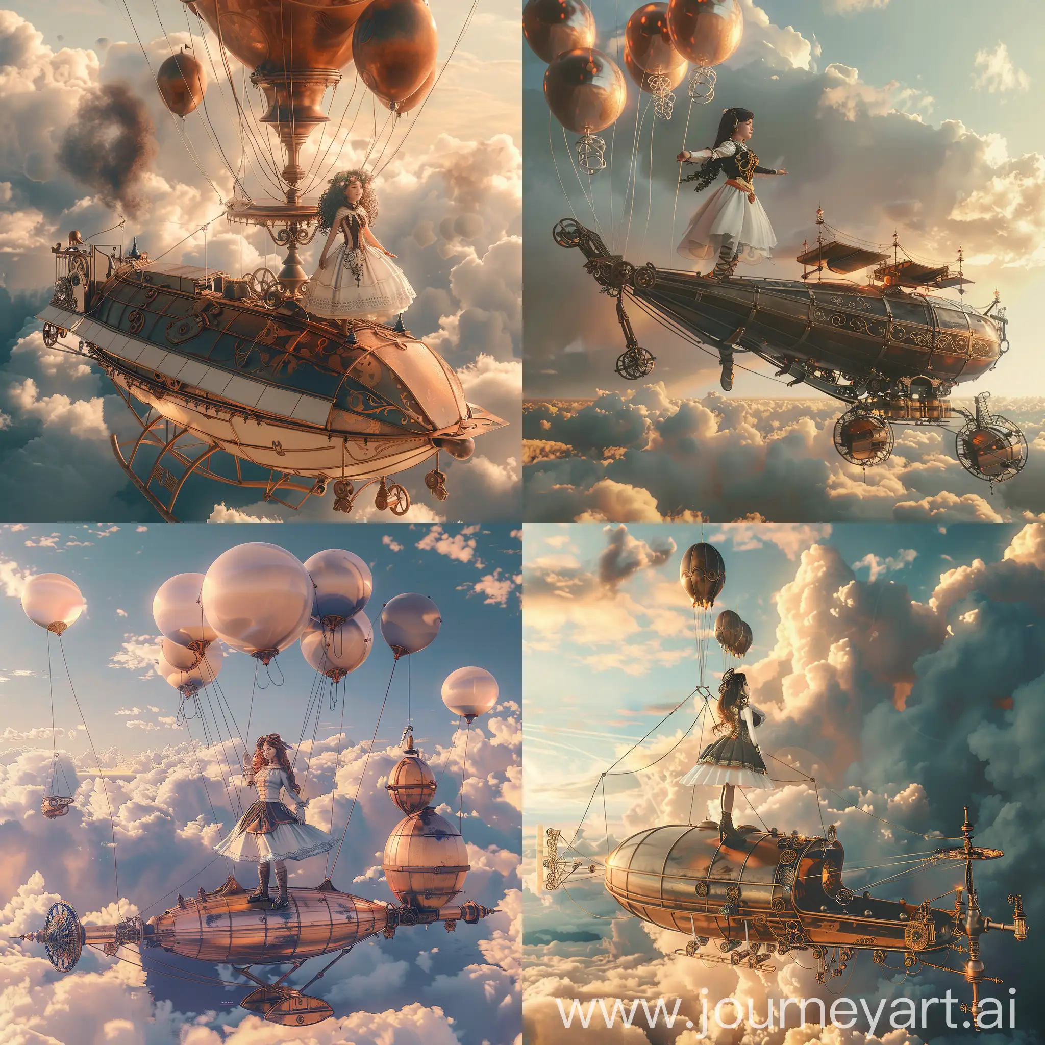 a beautiful steam punk girl stands on a flying airship that is held in the air by balloons,the clouds are beautiful ,photorealistic,4k 