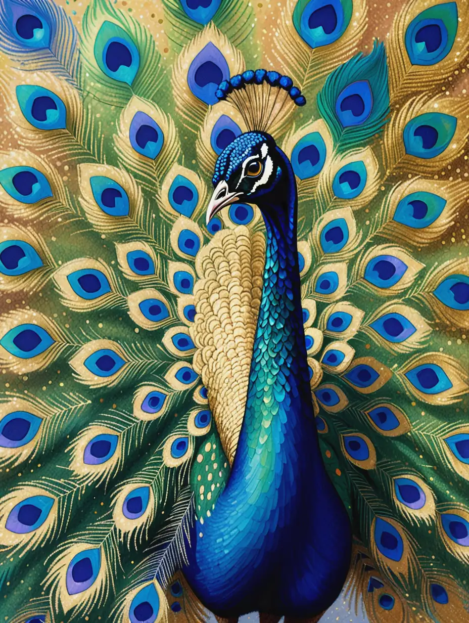 Pointillism painting of a peacock with its tail feathers fanned out, each feather rendered in detailed dots of blue, green, and gold, capturing the bird’s iridescent beauty
