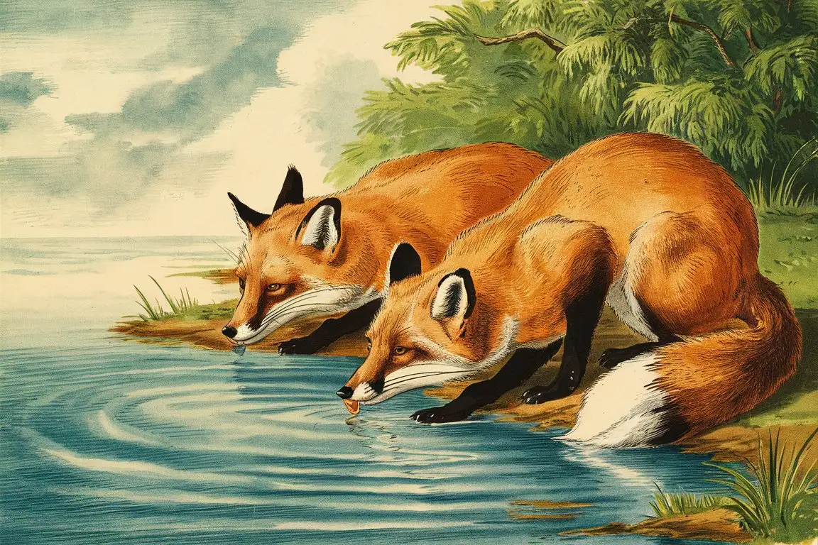 Vintage Print Illustration of Two Foxes Drinking from Tranquil Waters