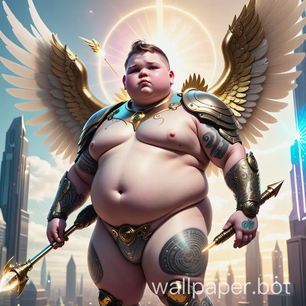 Sci-fi future chubby young tattooed warrior cherub angel boy with exposed massive chubby chest with pierced nipples and round obese belly wearing minimal armor with iridescent wings with gold tipped feathers, hovering in flight and glowing with angelic power holding an aetheric magical staff, posing in front of a magical futuristic city landscape
